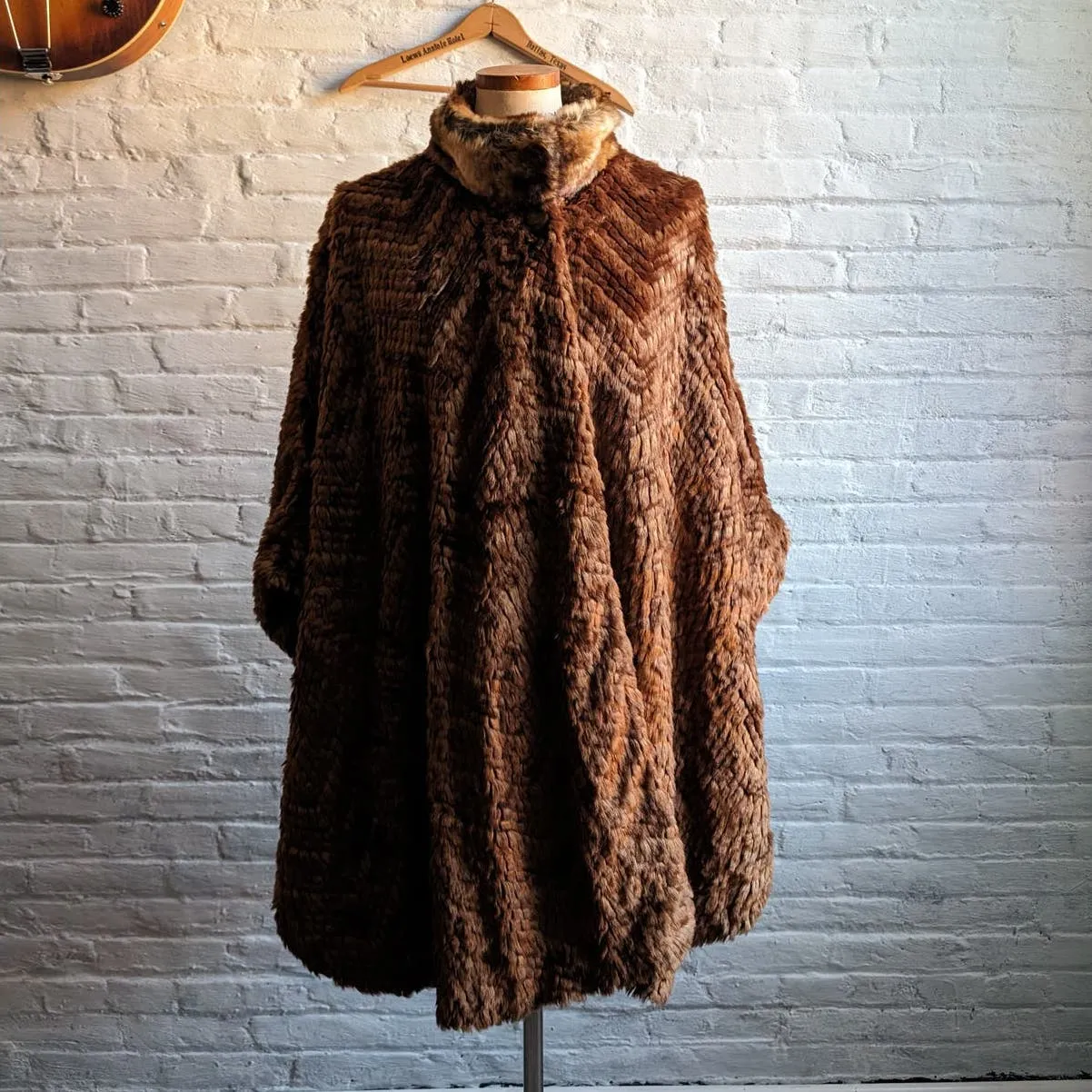 Vintage Faux Fur Brown Kimono Poncho Mob Wife Groovy Boho Furry Fuzzy Sweater