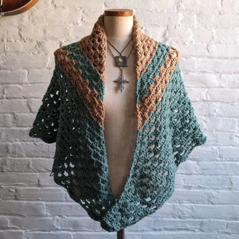 Vintage Hand Knit Crochet Festival Wrap Boho Hippie Western Earthy Poncho Shawl