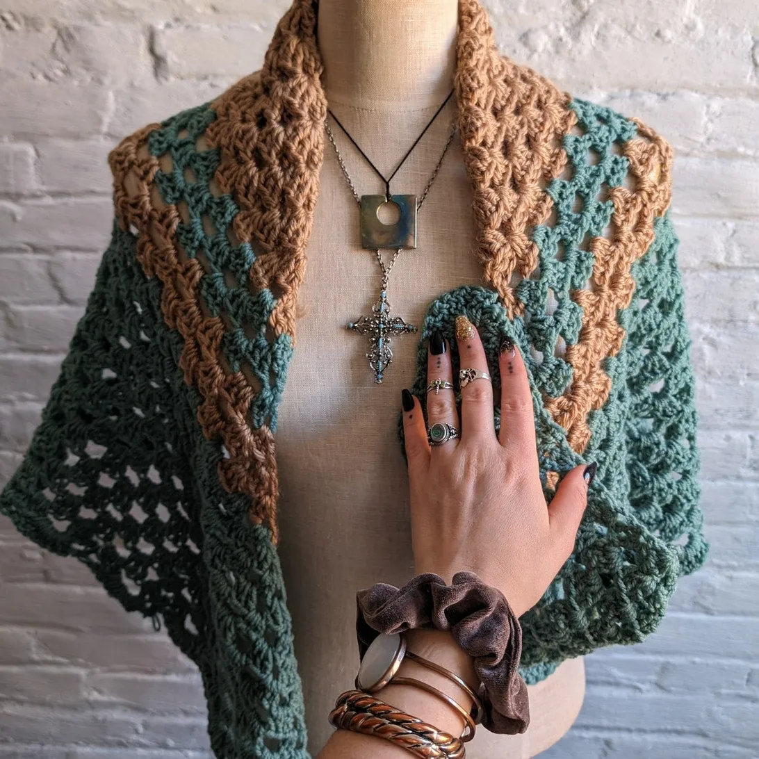 Vintage Hand Knit Crochet Festival Wrap Boho Hippie Western Earthy Poncho Shawl