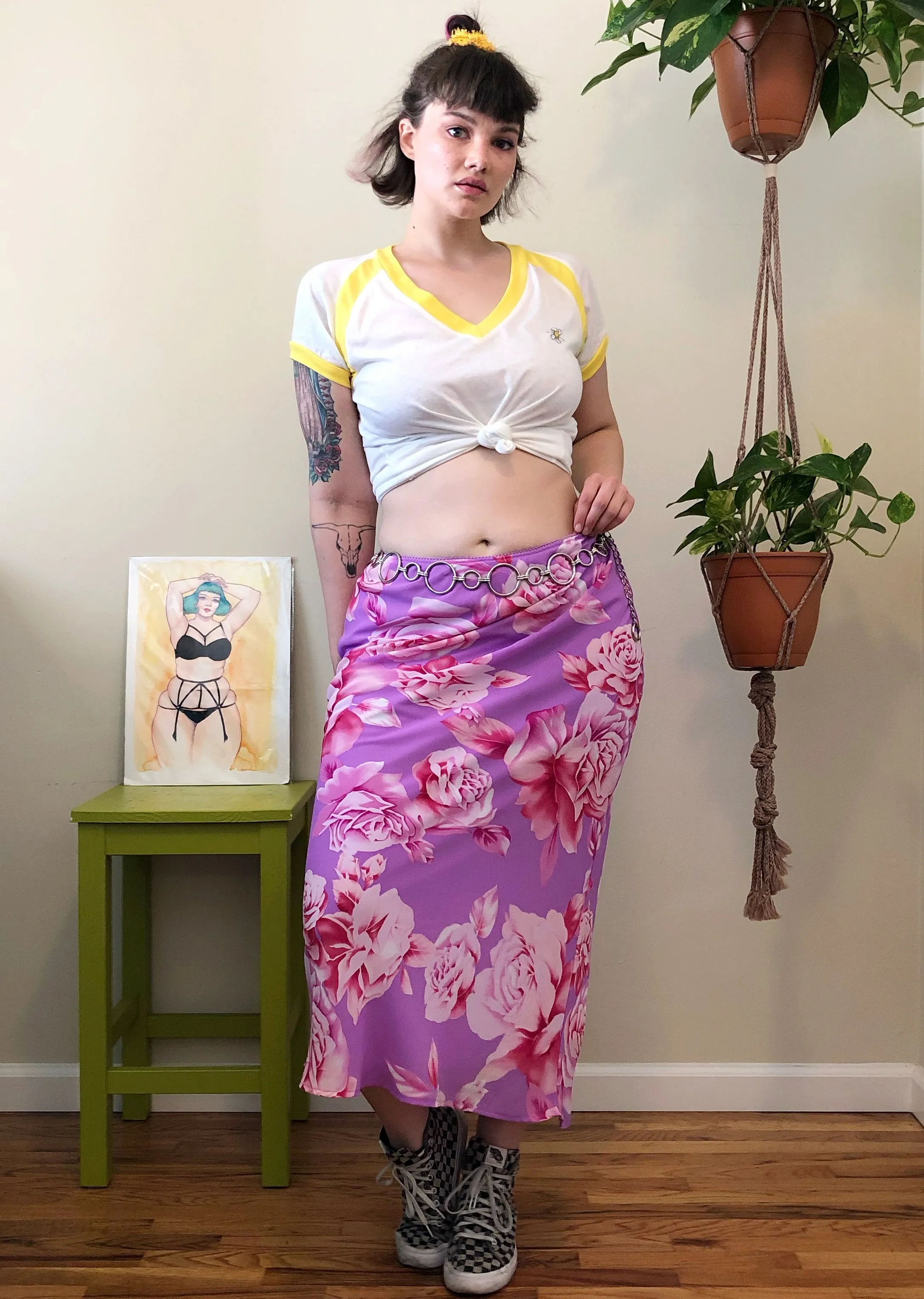 Vintage Purple & Pink Floral Maxi Skirt - L/XL