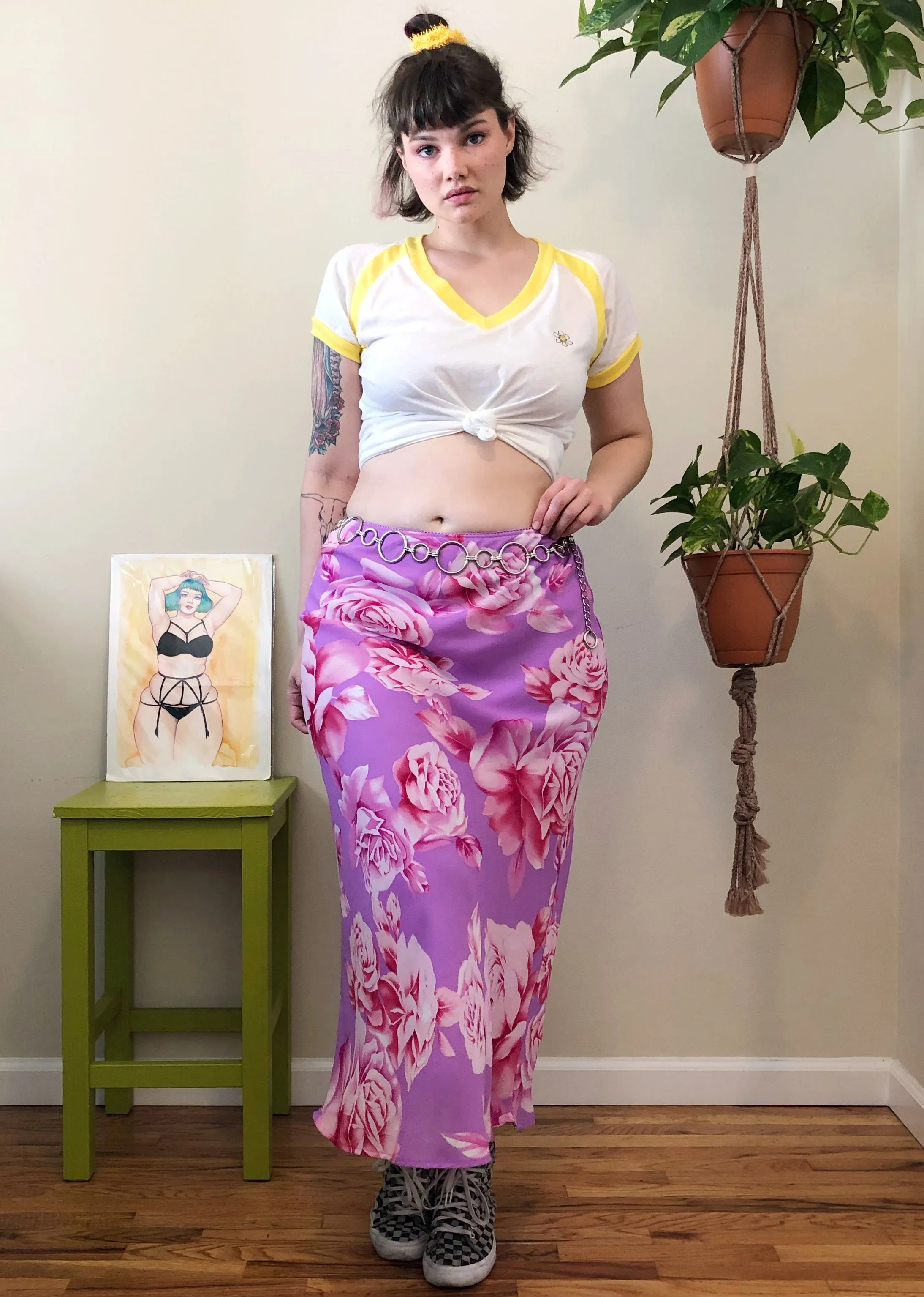 Vintage Purple & Pink Floral Maxi Skirt - L/XL