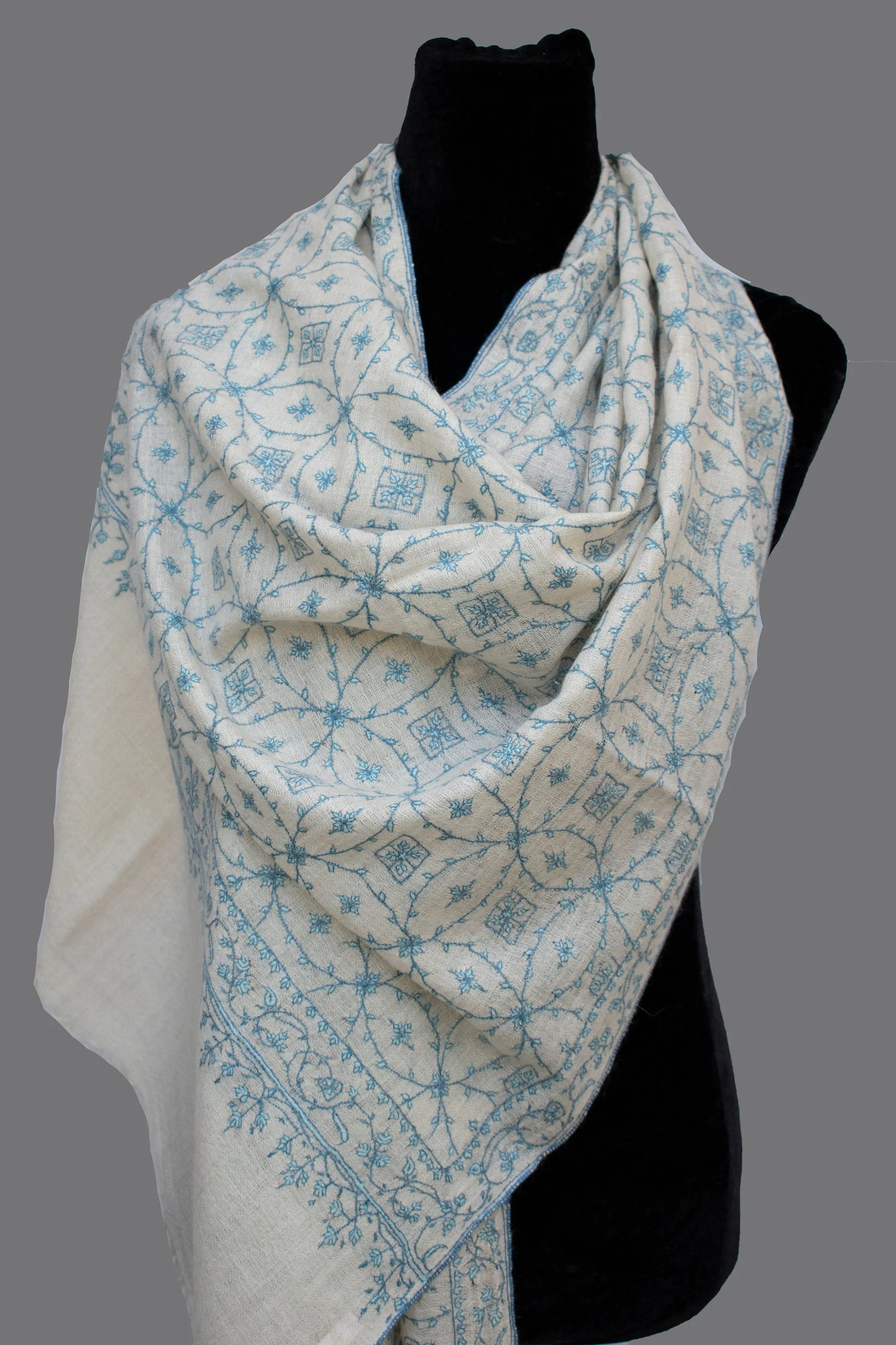 White Pure Cashmere Pashmina Scarf Wrap with All-over Embroidery, Hand loom, Hand Embroidery