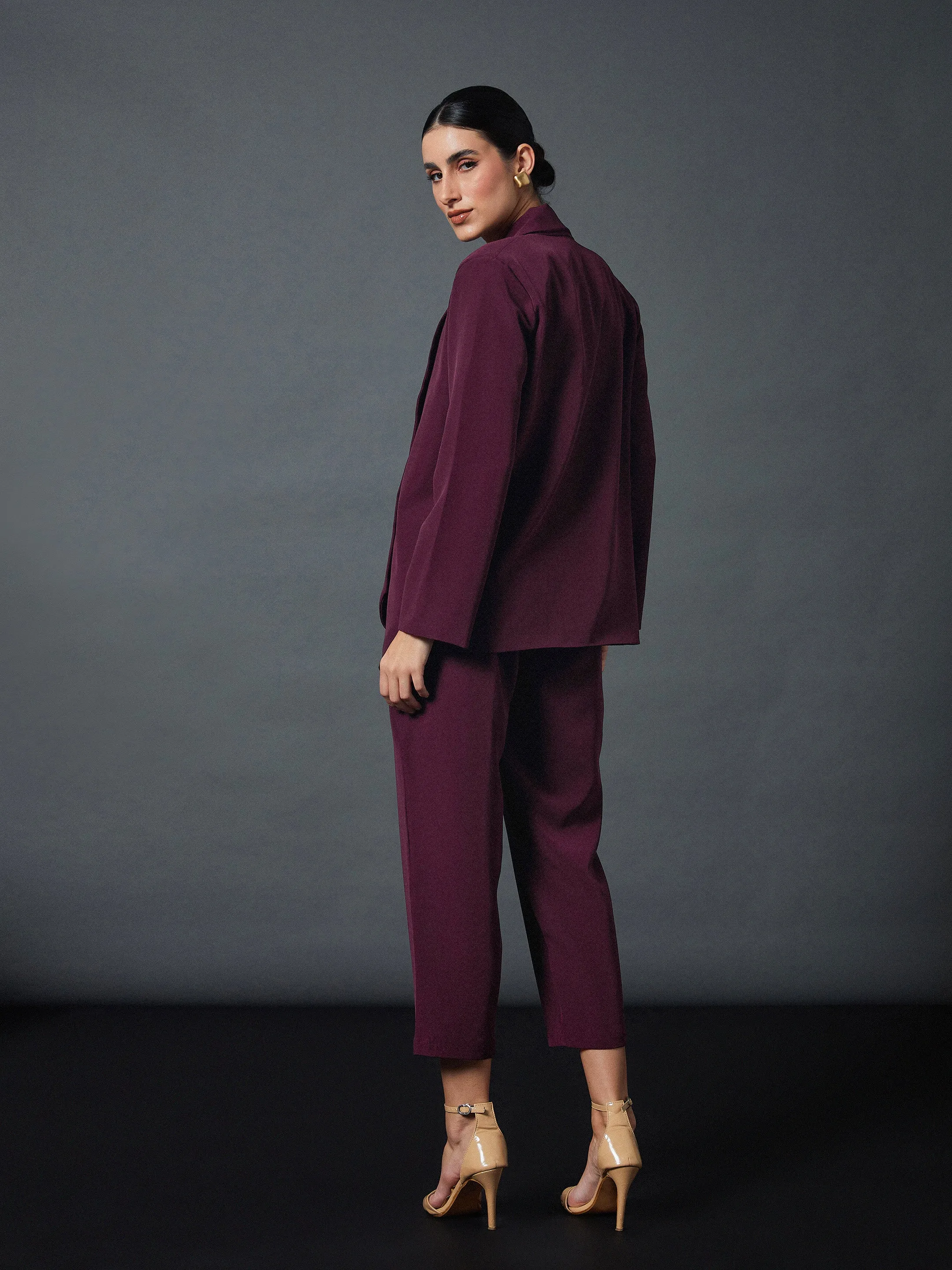 Women Maroon Shawl Collar Blazer With Balloon Fit Pants