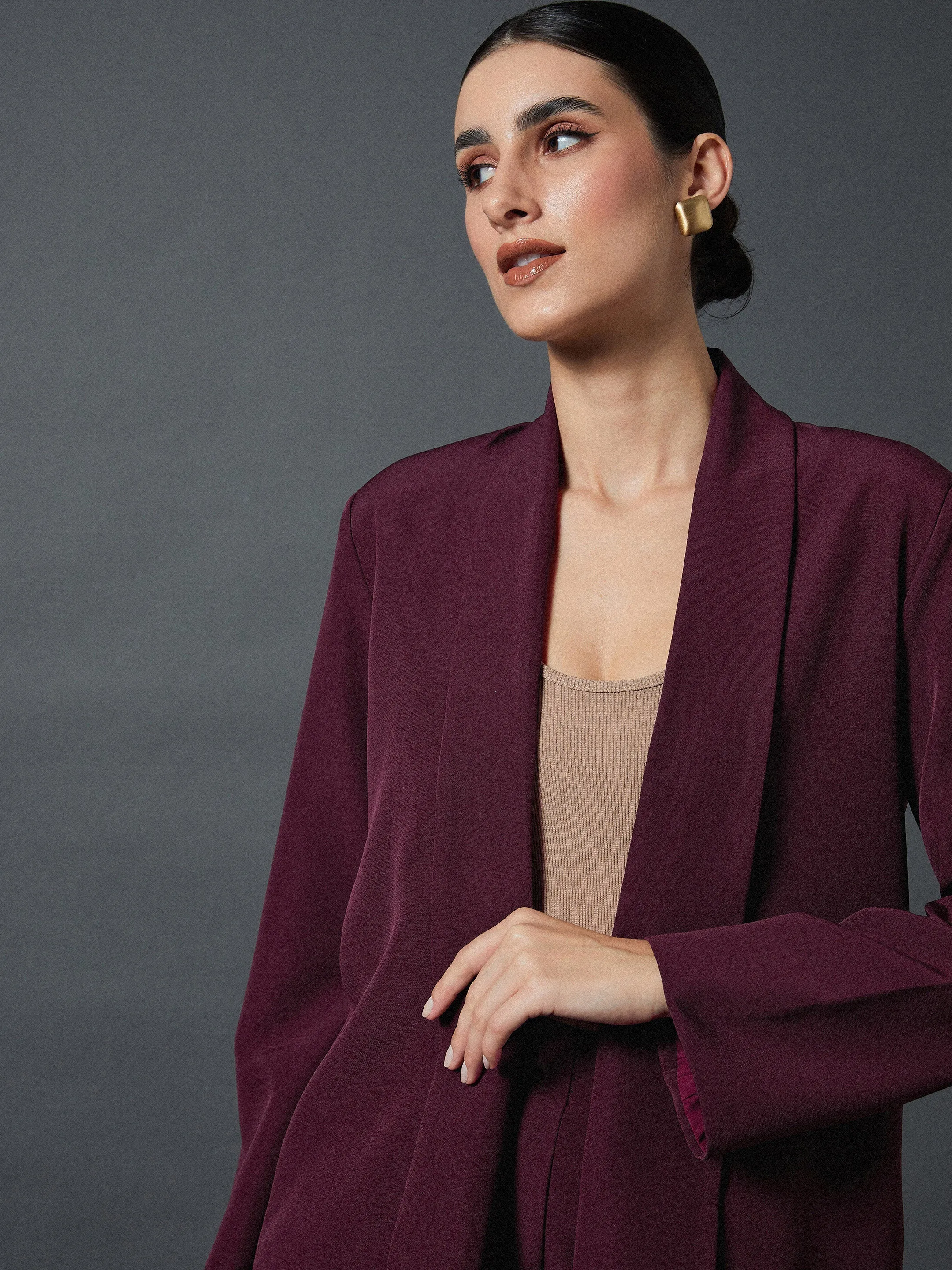 Women Maroon Shawl Collar Blazer With Balloon Fit Pants