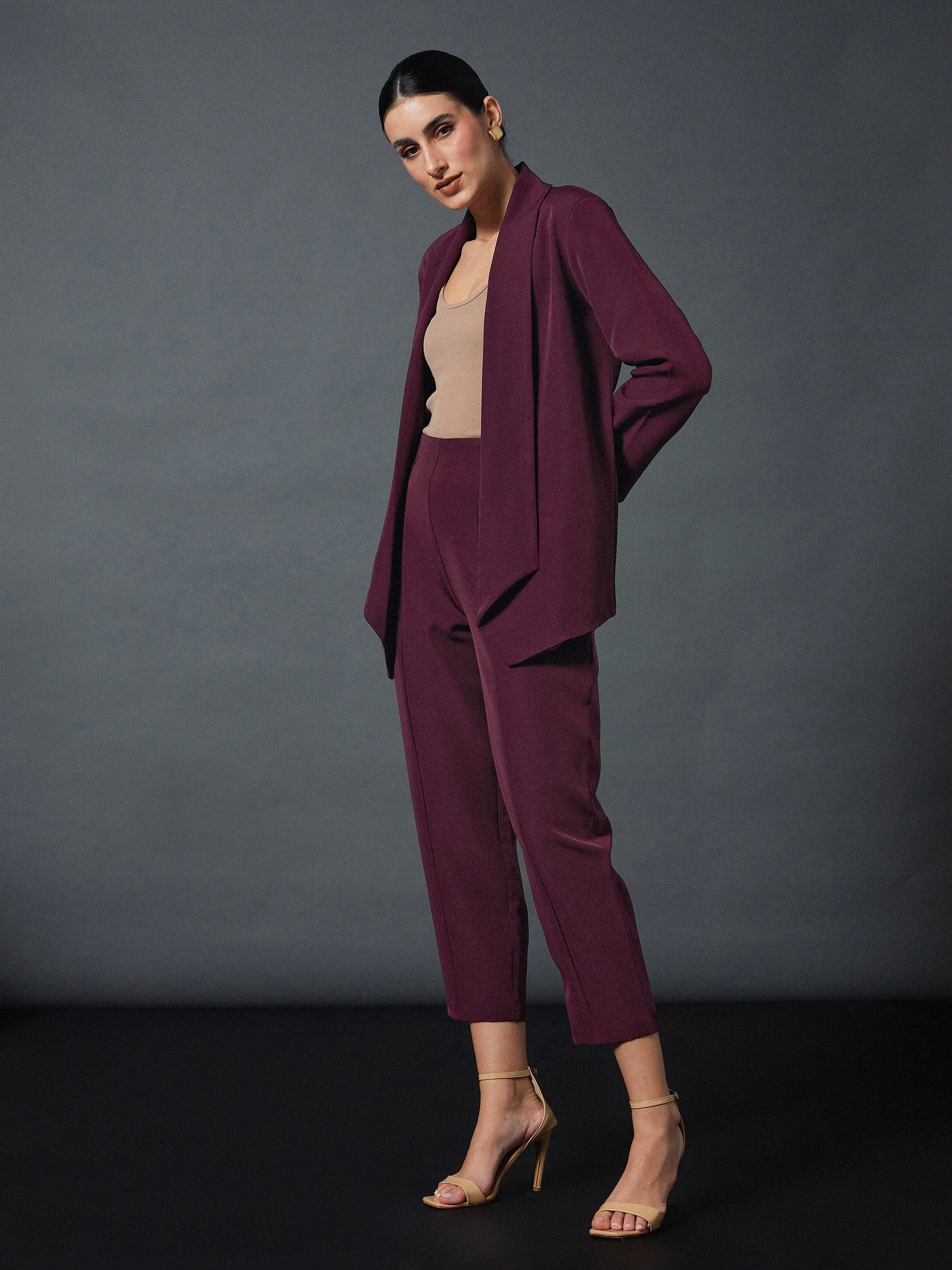 Women Maroon Shawl Collar Blazer With Balloon Fit Pants