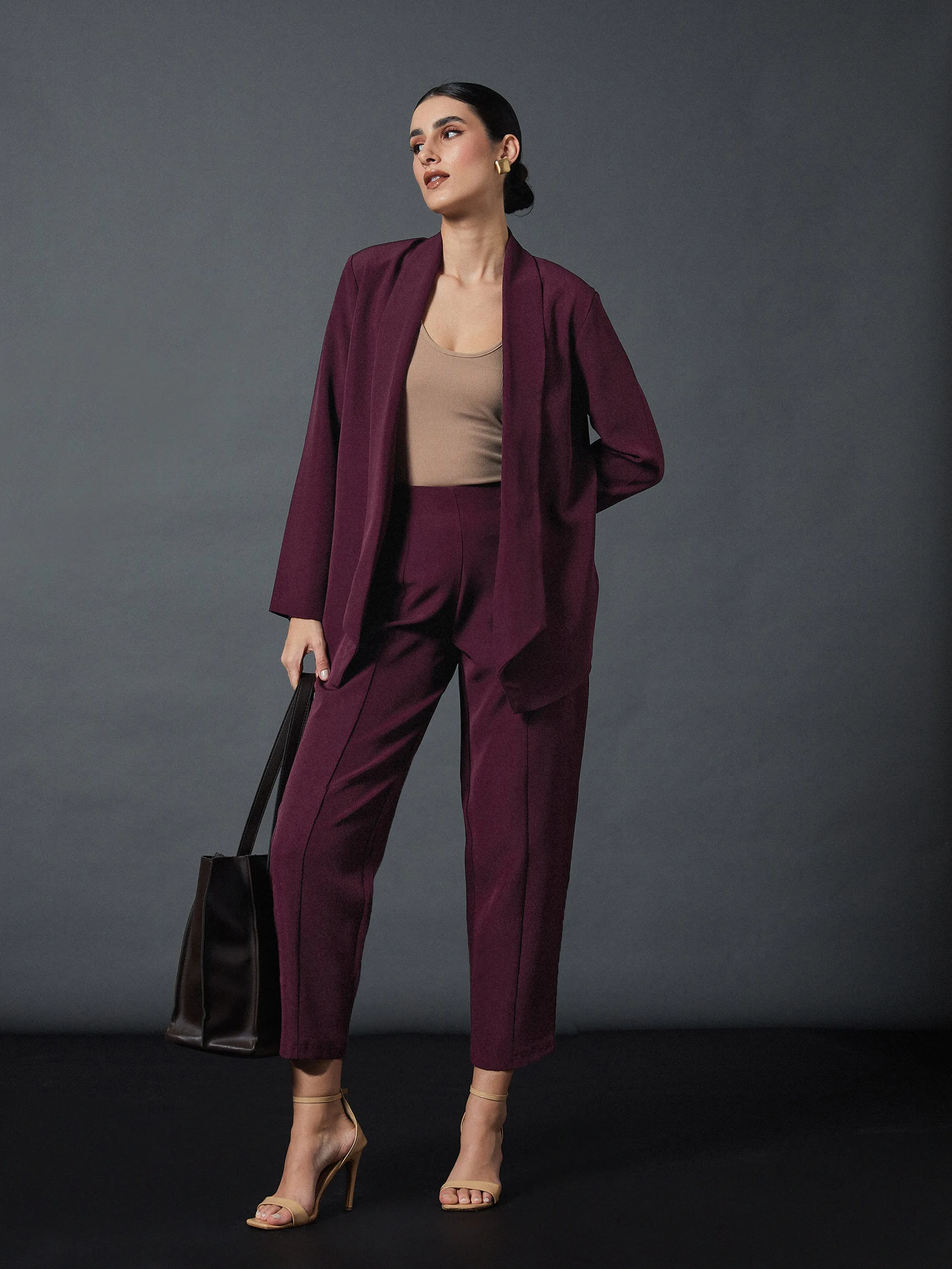 Women Maroon Shawl Collar Blazer With Balloon Fit Pants