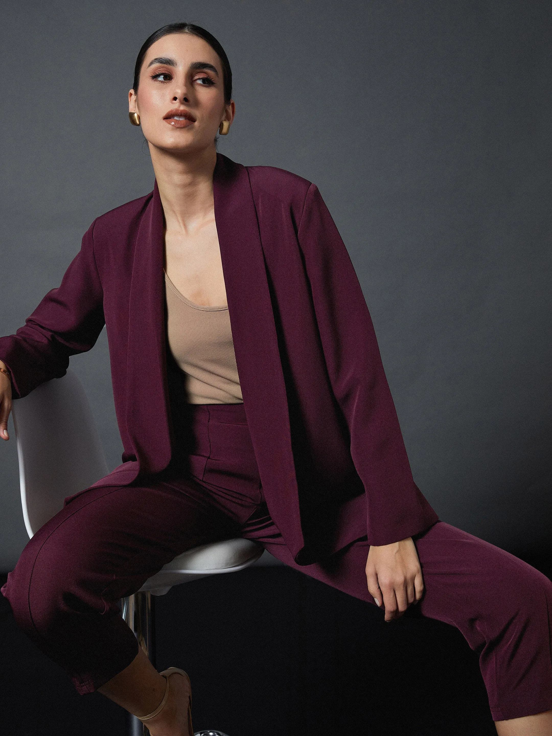 Women Maroon Shawl Collar Blazer With Balloon Fit Pants