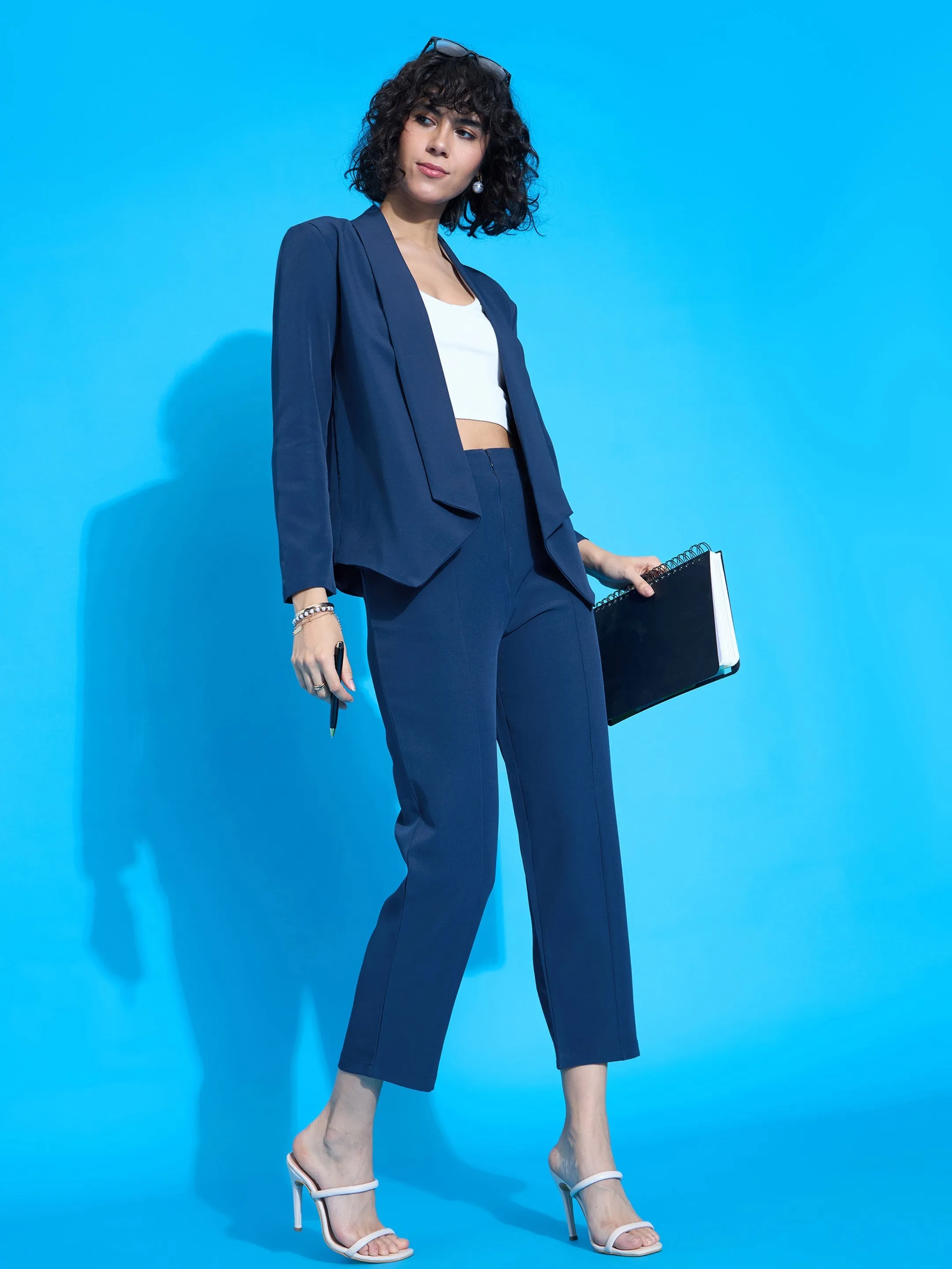 Women Royal Blue Shawl Collar Blazer With Balloon Fit Pants