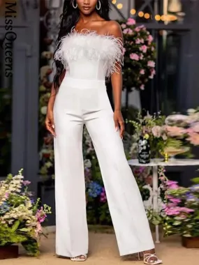 Women Sequined Feather-paneled Jumpsuit^