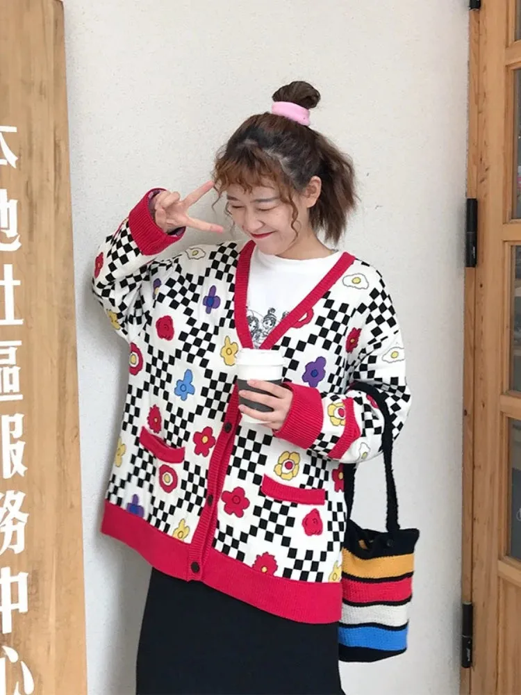 Women's Floral Embroidery Plaid Cardigans Winter Thick Warm V-Neck Knitted Sweaters Jacquard Funny Sweater