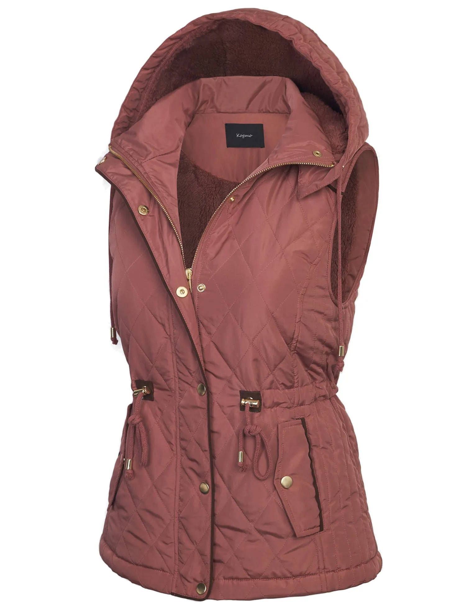 Womens Fur Lined Lightweight Zip Up Quilted Vest with Detachable Hood