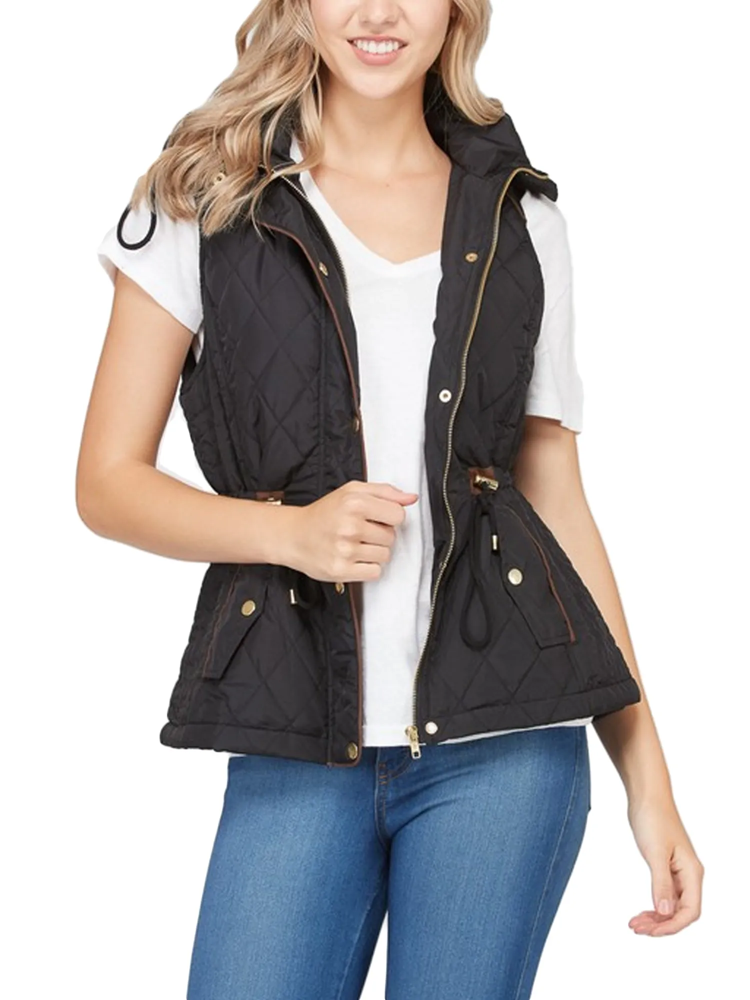 Womens Fur Lined Lightweight Zip Up Quilted Vest with Detachable Hood