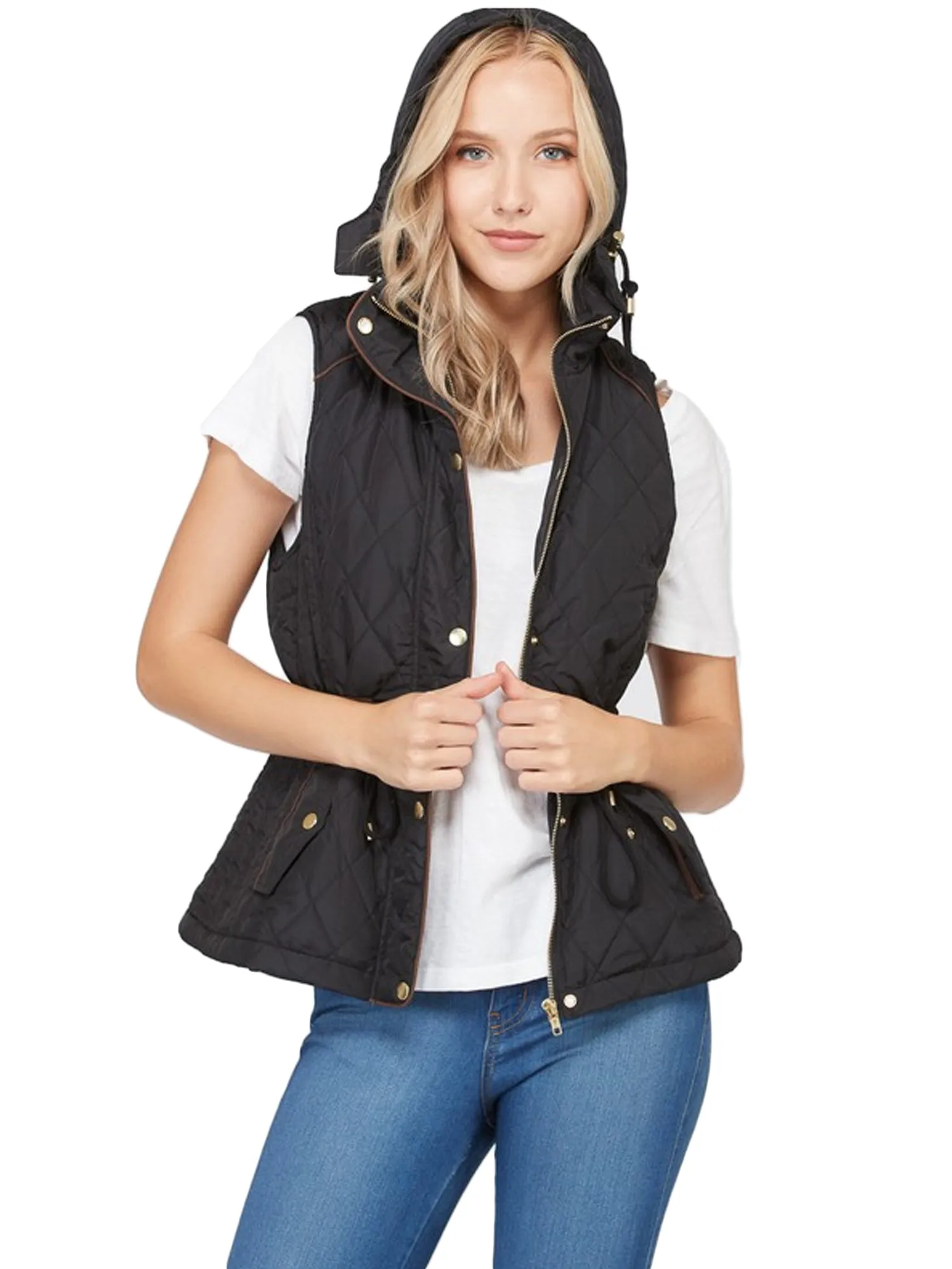 Womens Fur Lined Lightweight Zip Up Quilted Vest with Detachable Hood