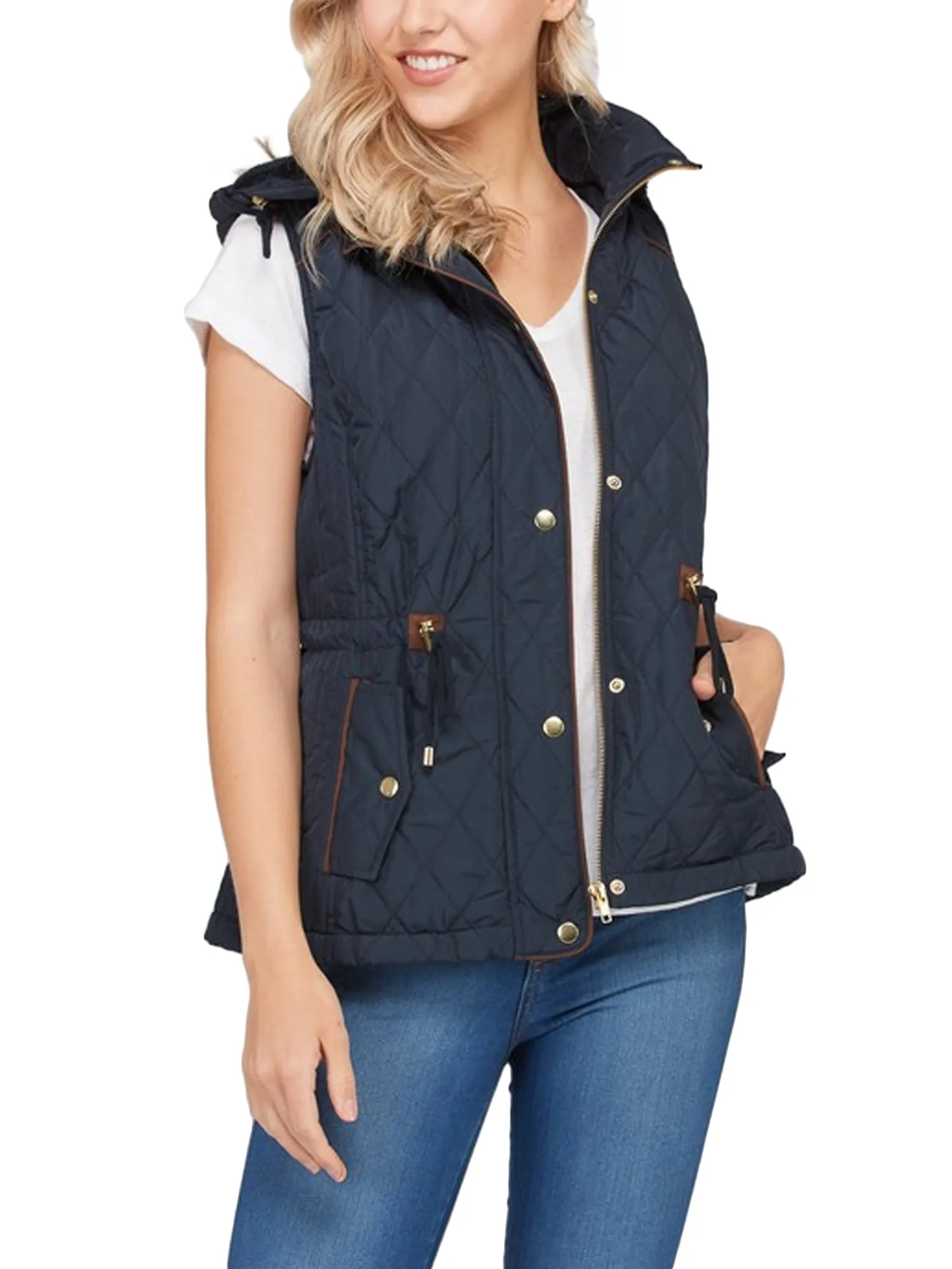 Womens Fur Lined Lightweight Zip Up Quilted Vest with Detachable Hood