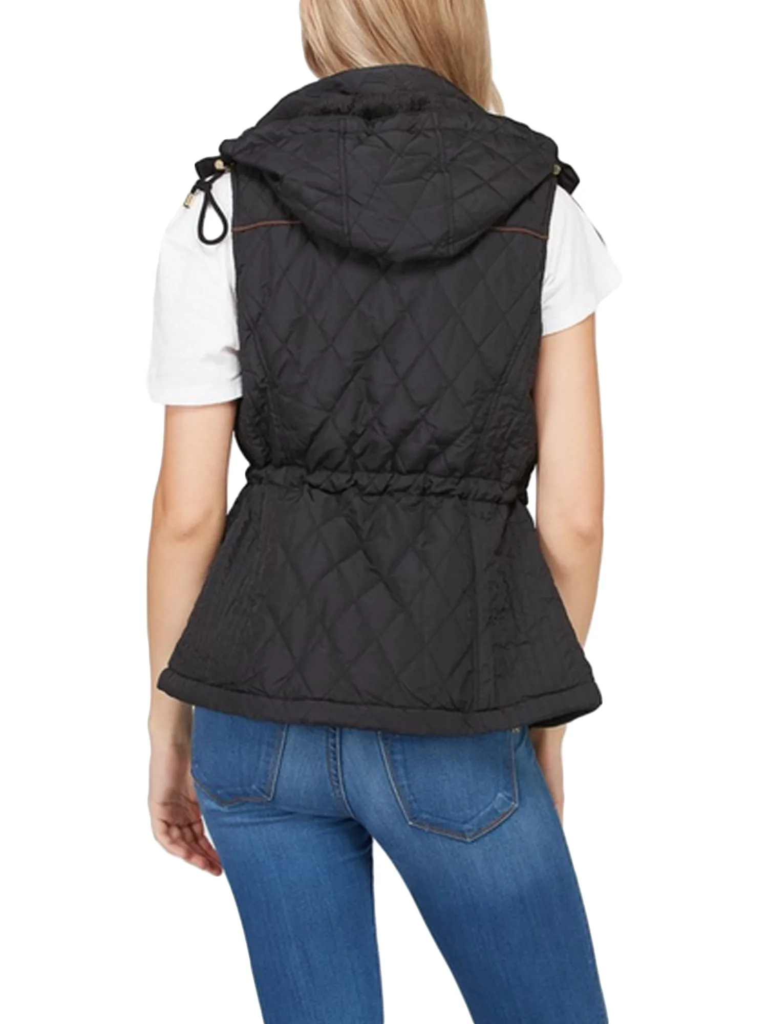 Womens Fur Lined Lightweight Zip Up Quilted Vest with Detachable Hood