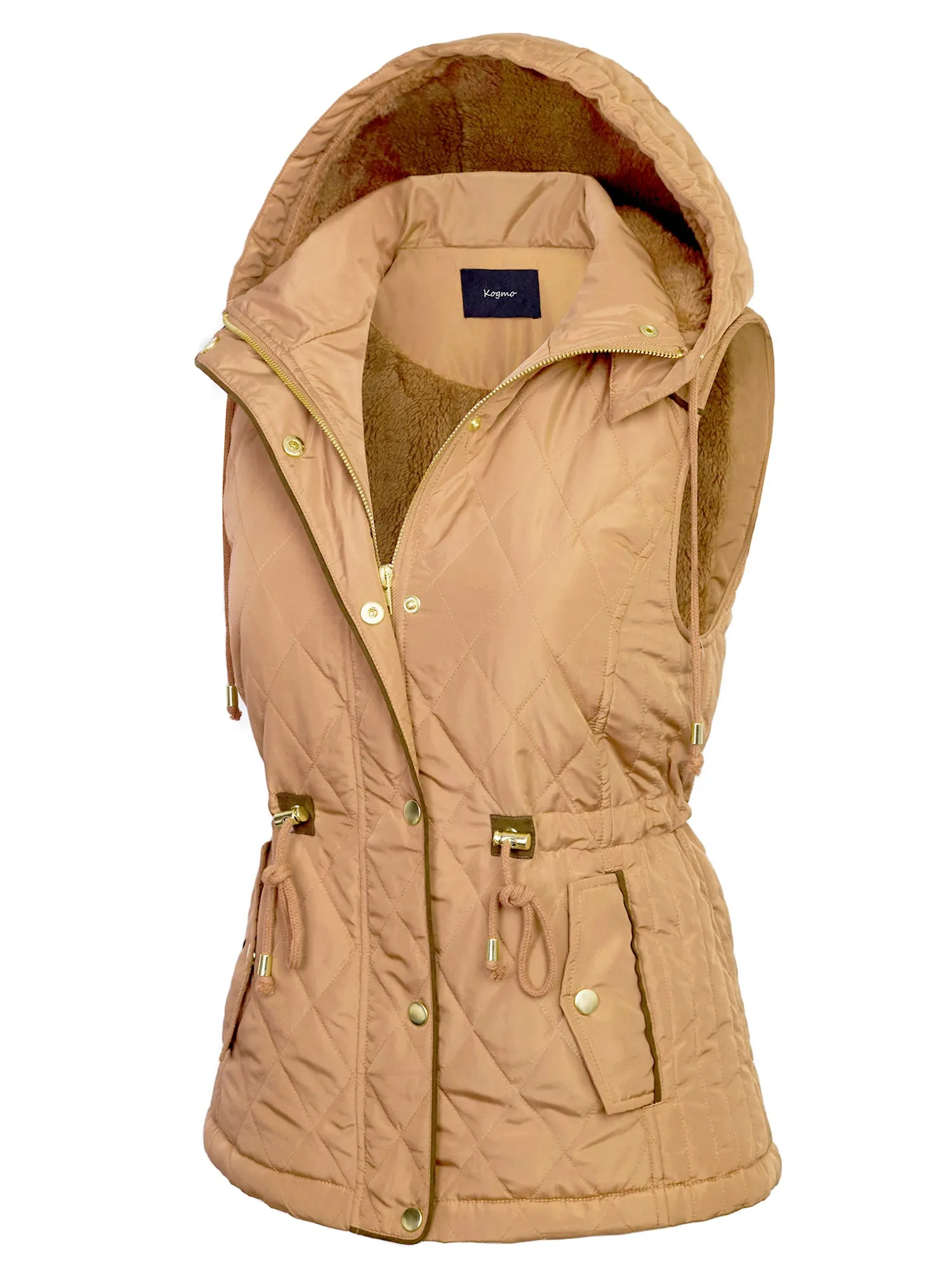 Womens Fur Lined Lightweight Zip Up Quilted Vest with Detachable Hood