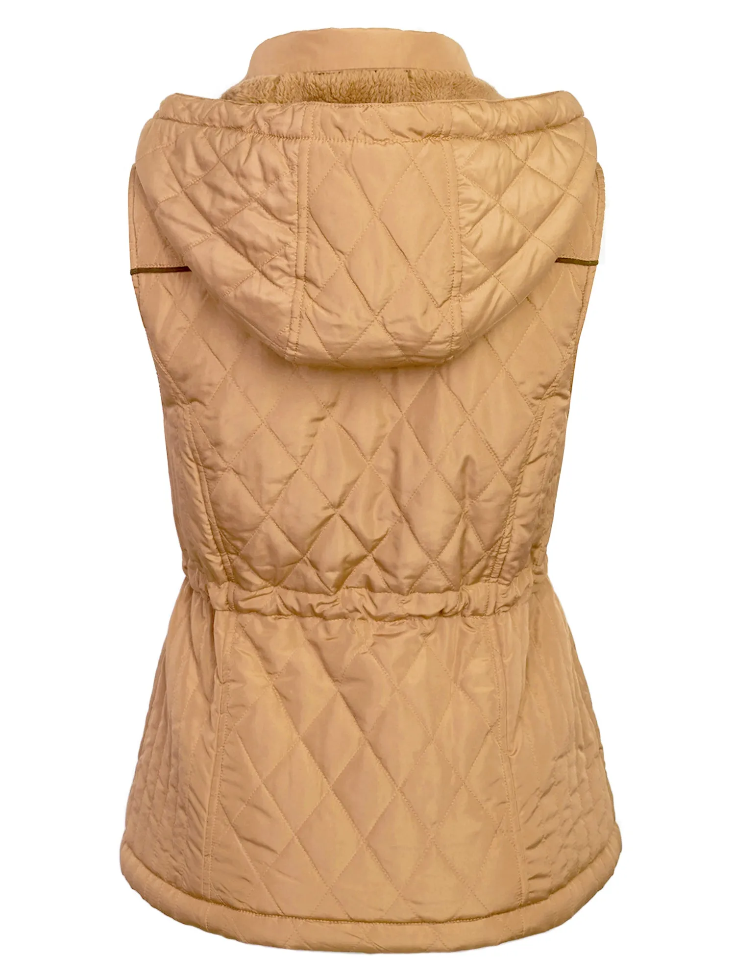 Womens Fur Lined Lightweight Zip Up Quilted Vest with Detachable Hood