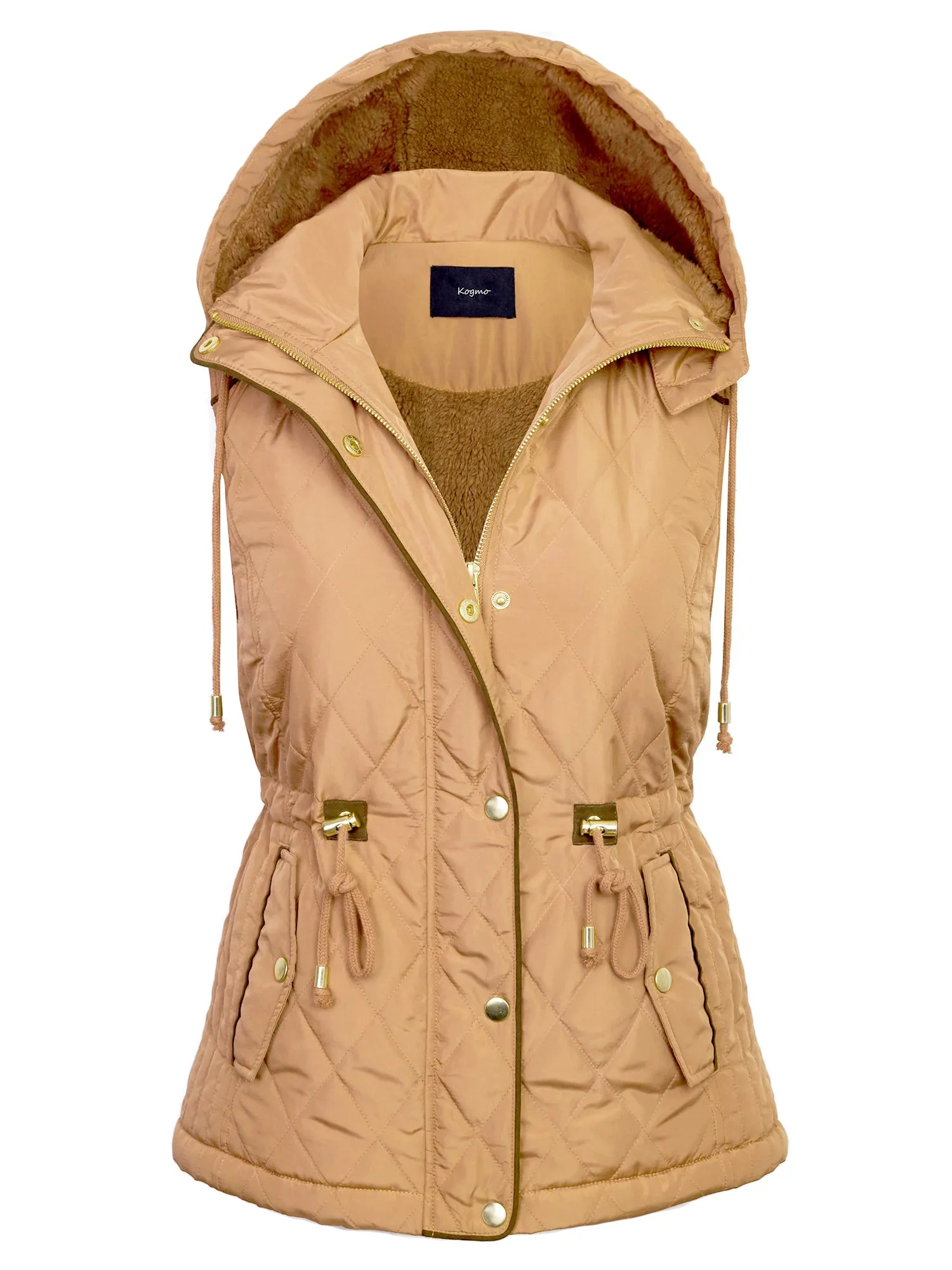 Womens Fur Lined Lightweight Zip Up Quilted Vest with Detachable Hood