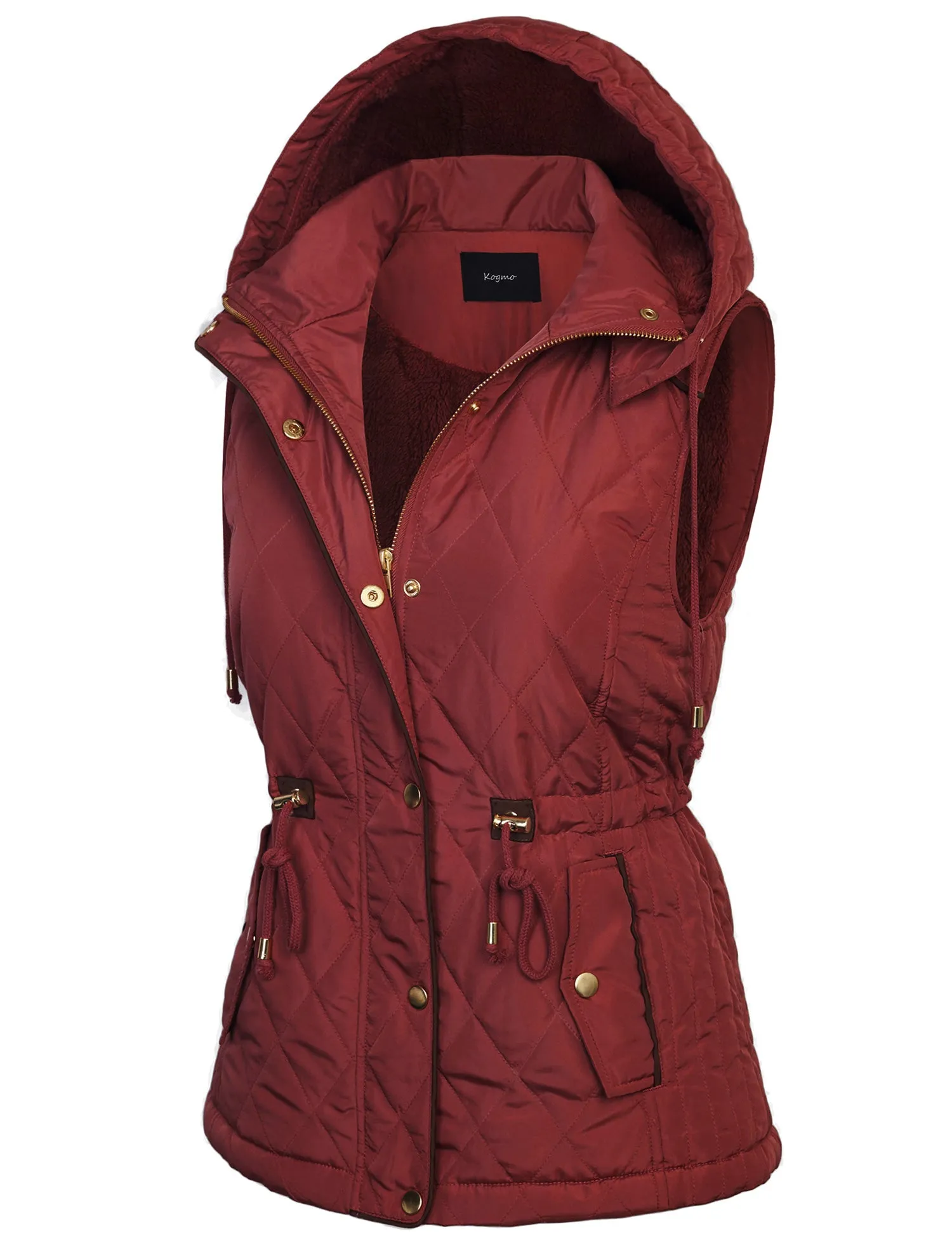 Womens Fur Lined Lightweight Zip Up Quilted Vest with Detachable Hood