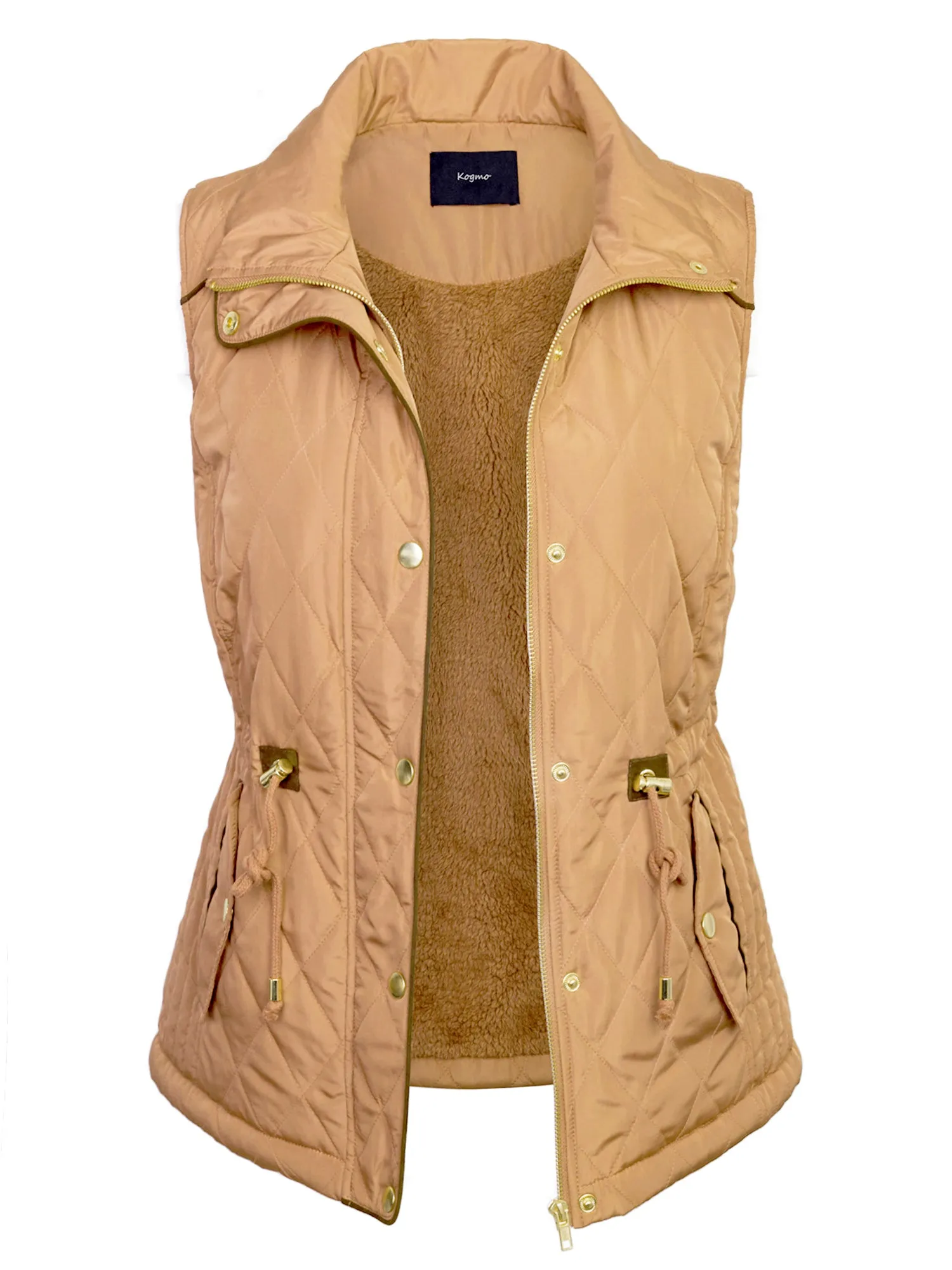 Womens Fur Lined Lightweight Zip Up Quilted Vest with Detachable Hood