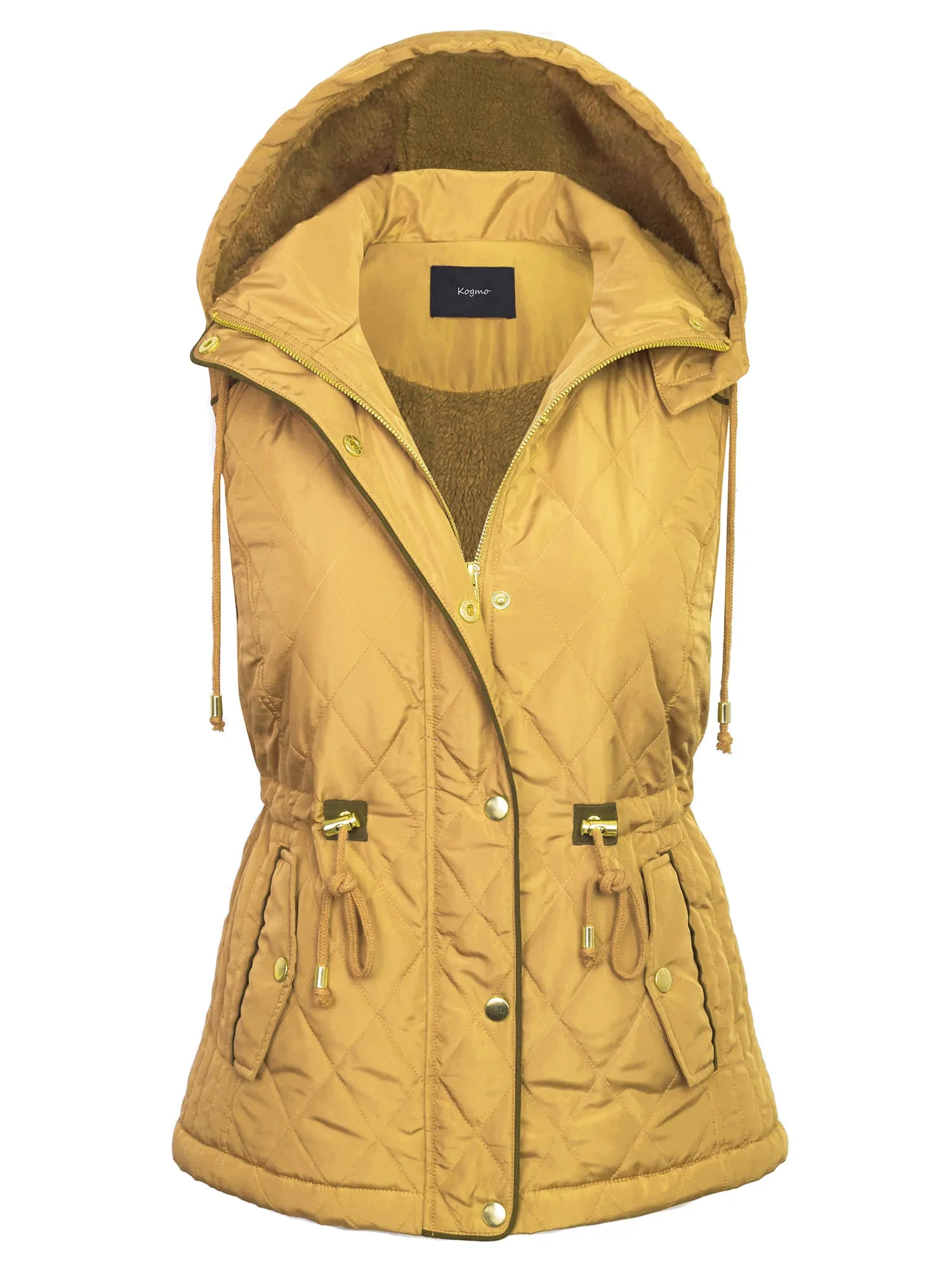 Womens Fur Lined Lightweight Zip Up Quilted Vest with Detachable Hood