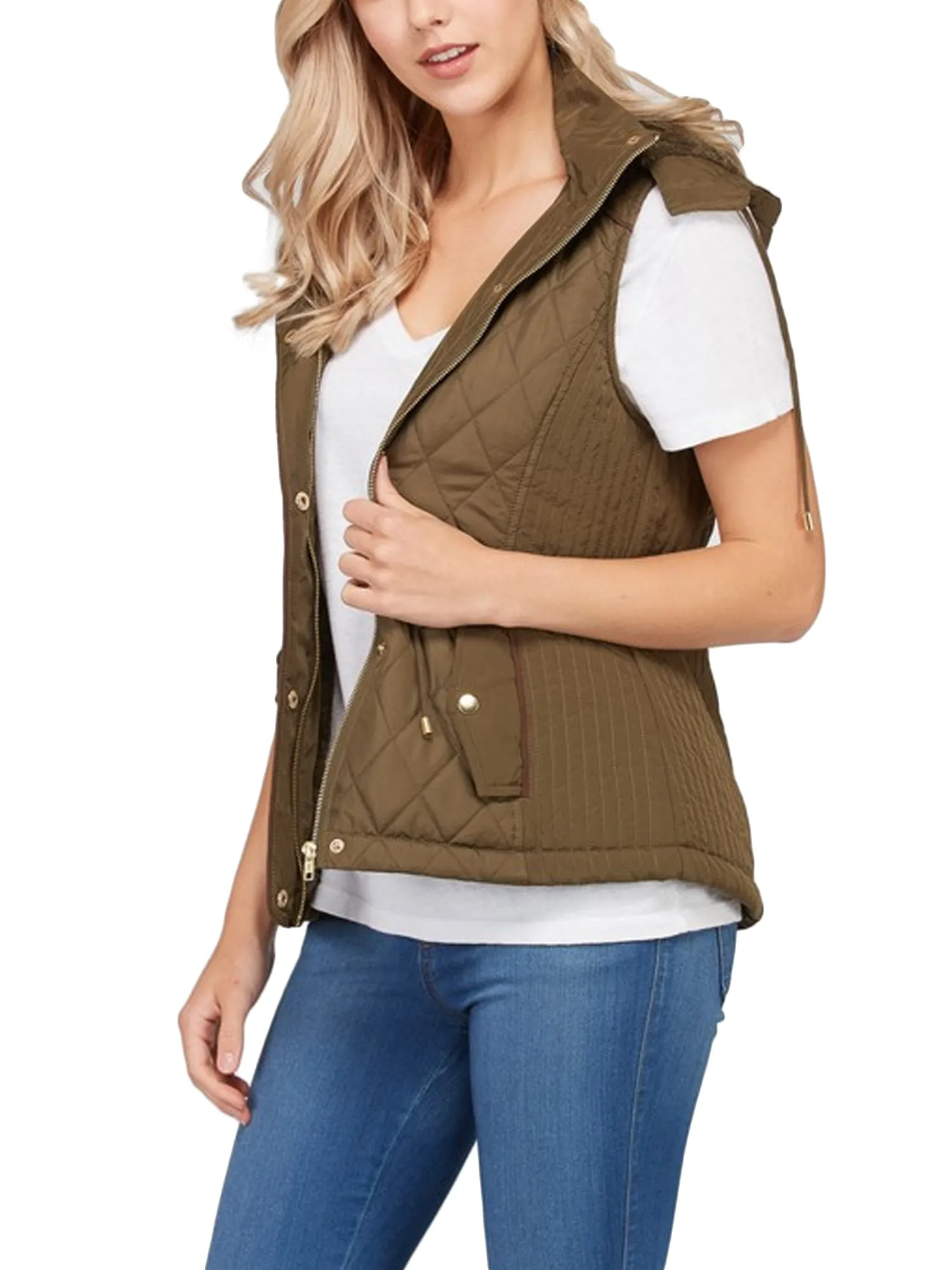 Womens Fur Lined Lightweight Zip Up Quilted Vest with Detachable Hood