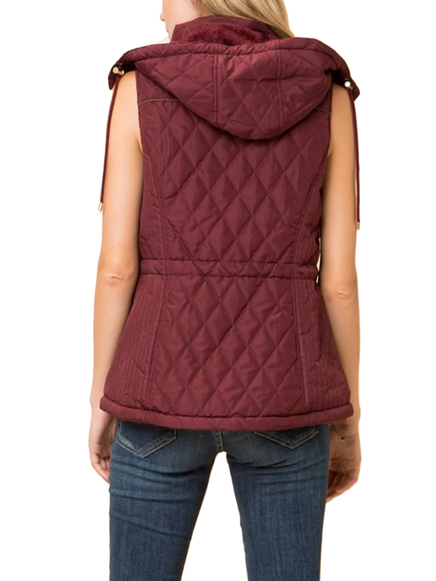 Womens Fur Lined Lightweight Zip Up Quilted Vest with Detachable Hood