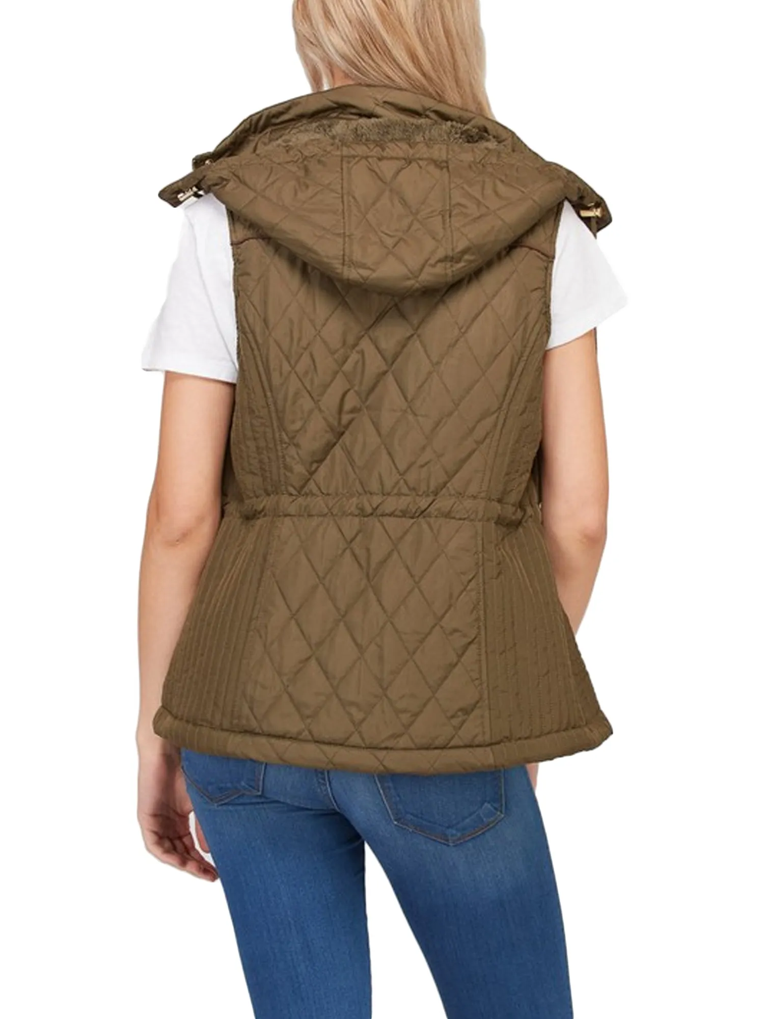 Womens Fur Lined Lightweight Zip Up Quilted Vest with Detachable Hood