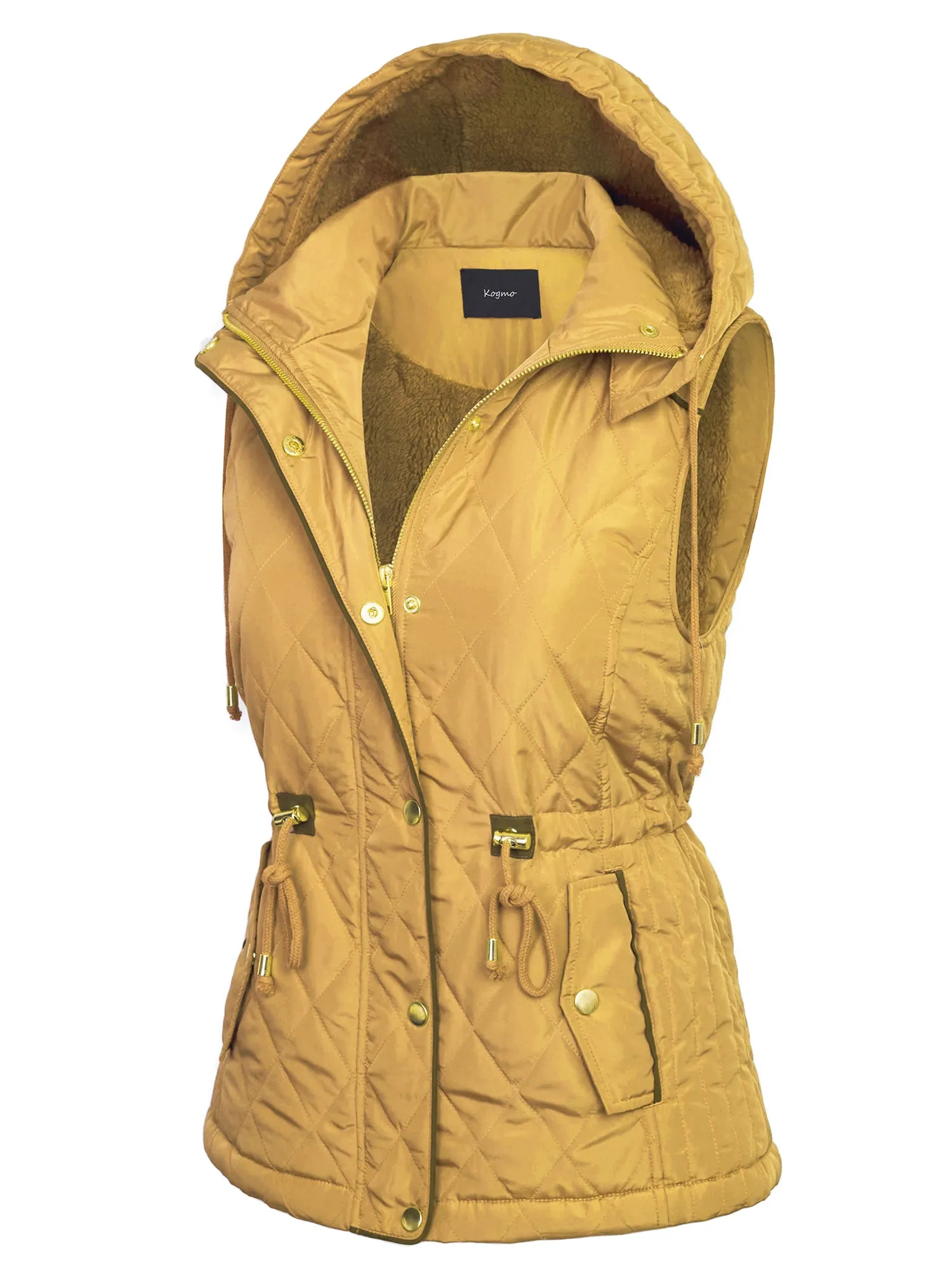 Womens Fur Lined Lightweight Zip Up Quilted Vest with Detachable Hood