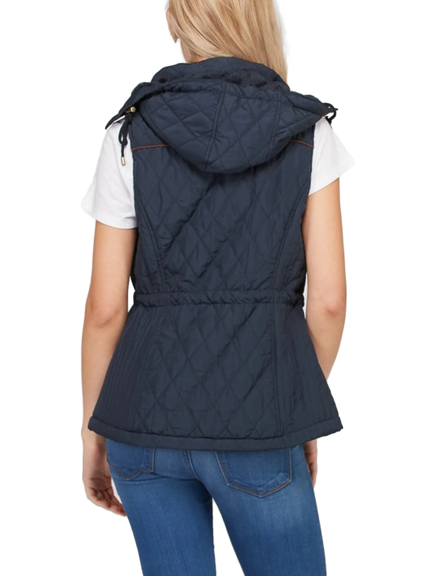 Womens Fur Lined Lightweight Zip Up Quilted Vest with Detachable Hood