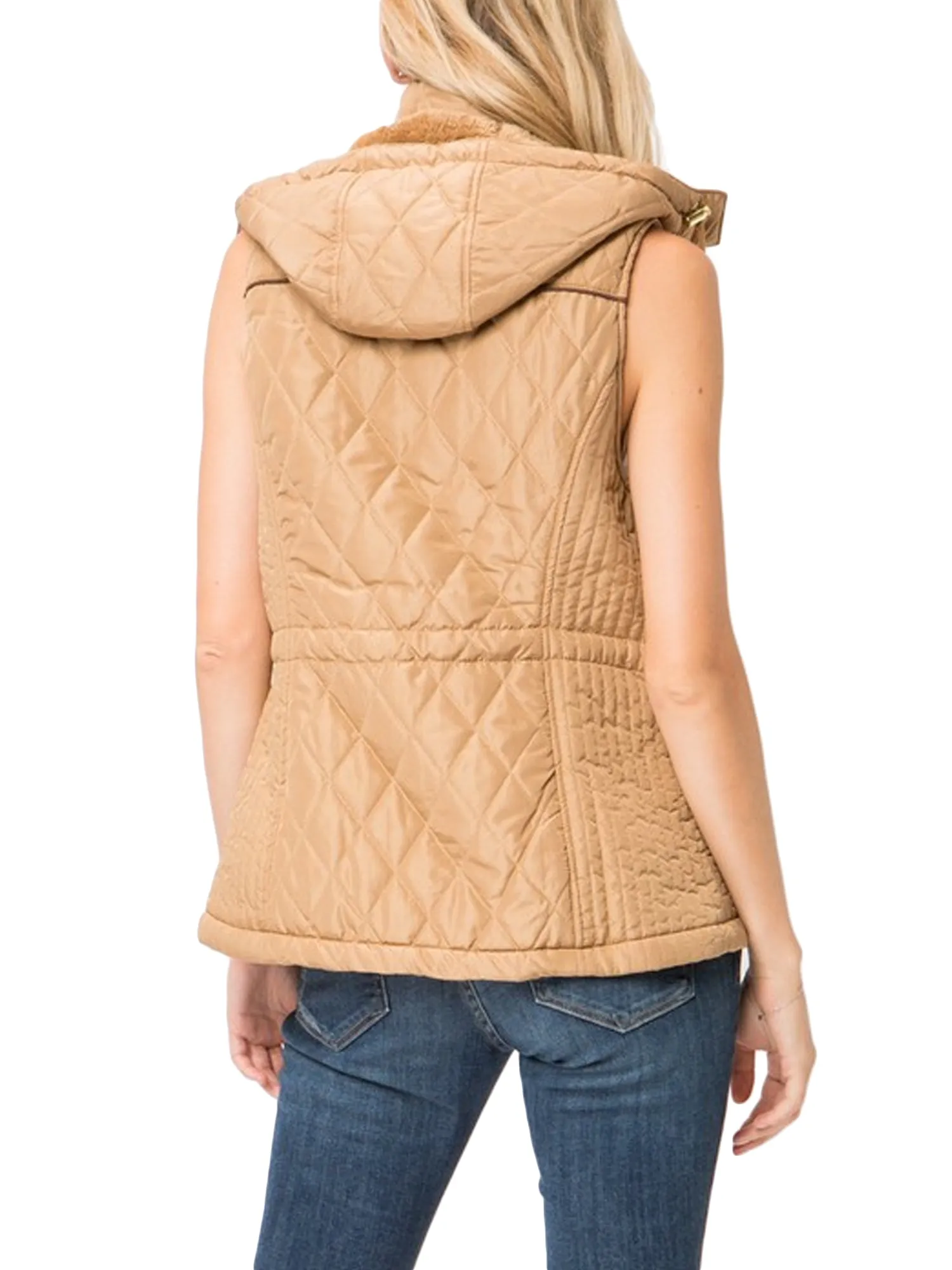 Womens Fur Lined Lightweight Zip Up Quilted Vest with Detachable Hood