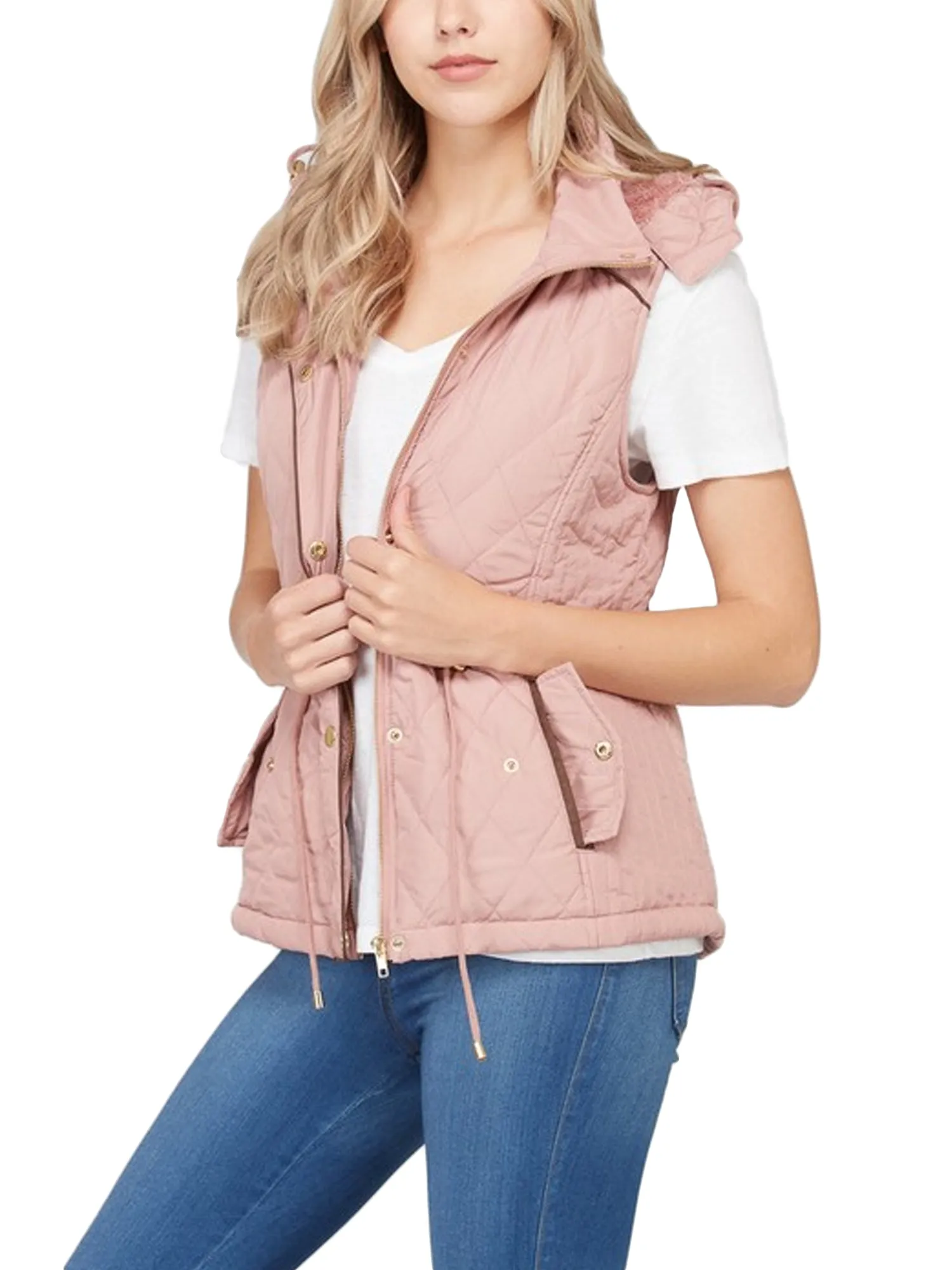 Womens Fur Lined Lightweight Zip Up Quilted Vest with Detachable Hood