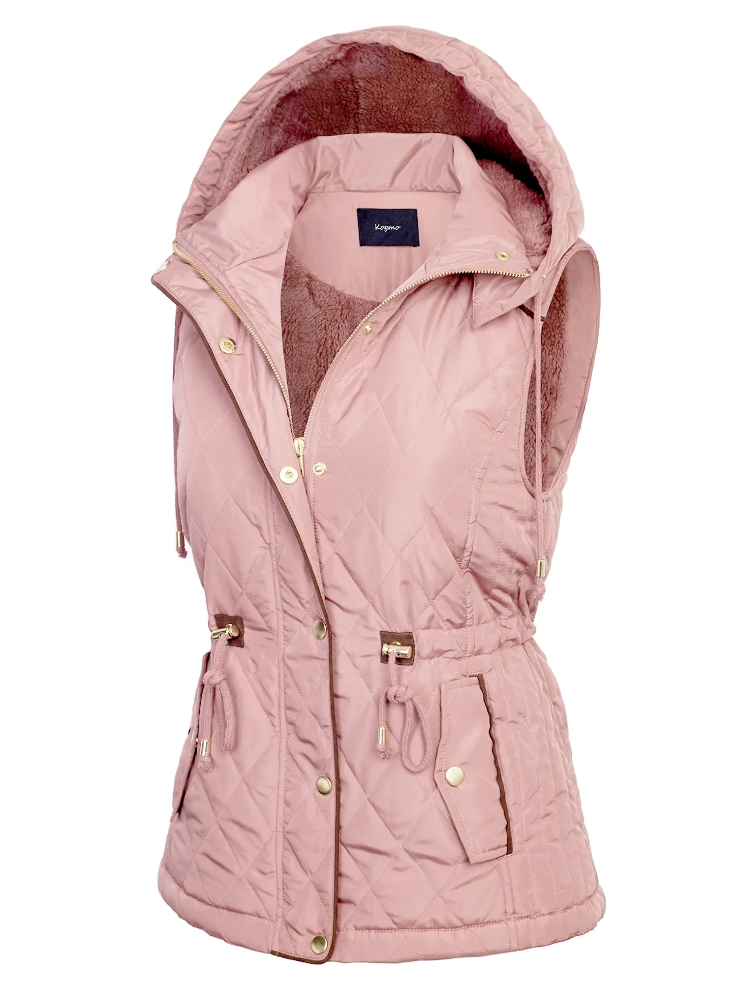 Womens Fur Lined Lightweight Zip Up Quilted Vest with Detachable Hood