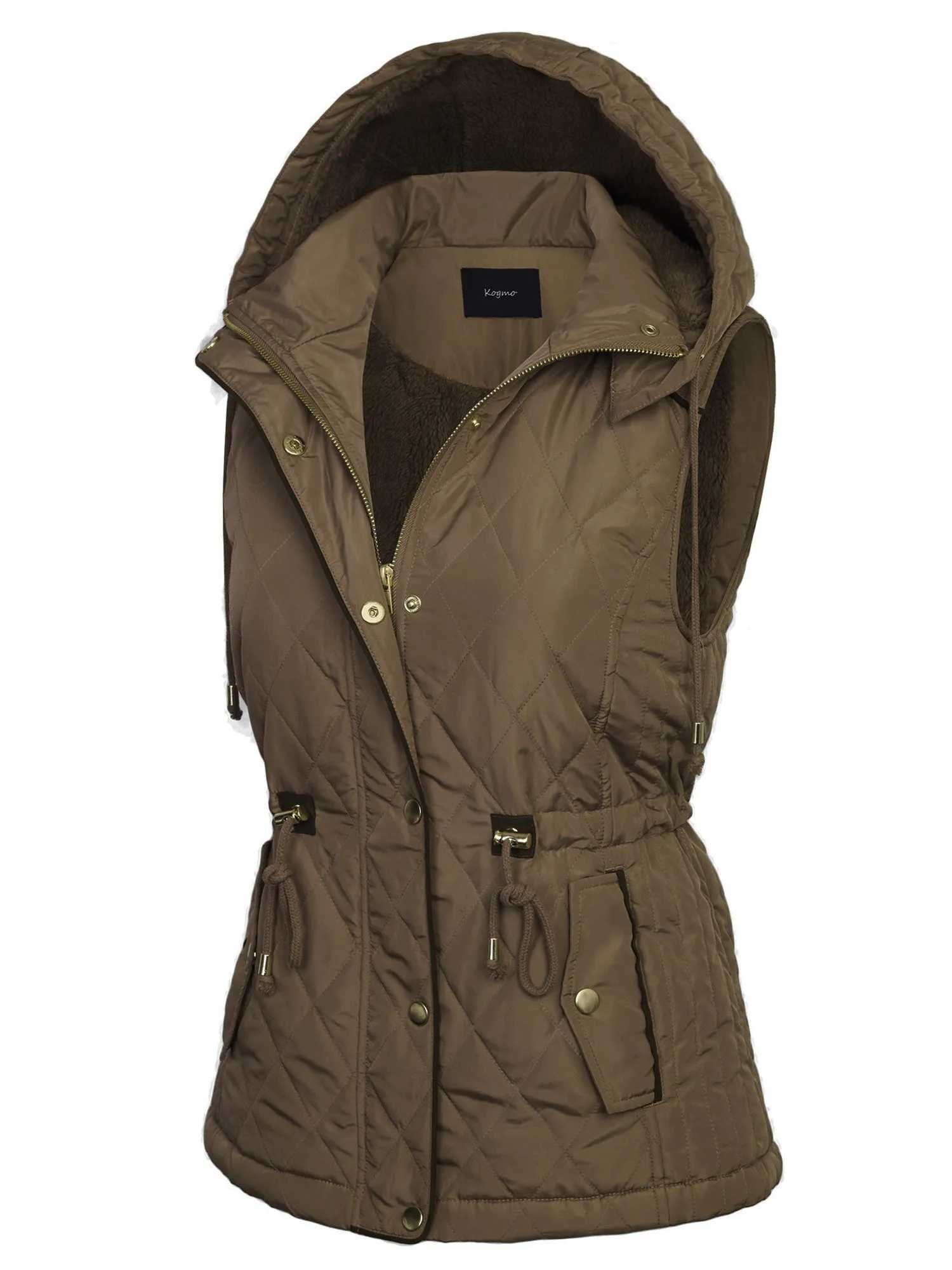 Womens Fur Lined Lightweight Zip Up Quilted Vest with Detachable Hood