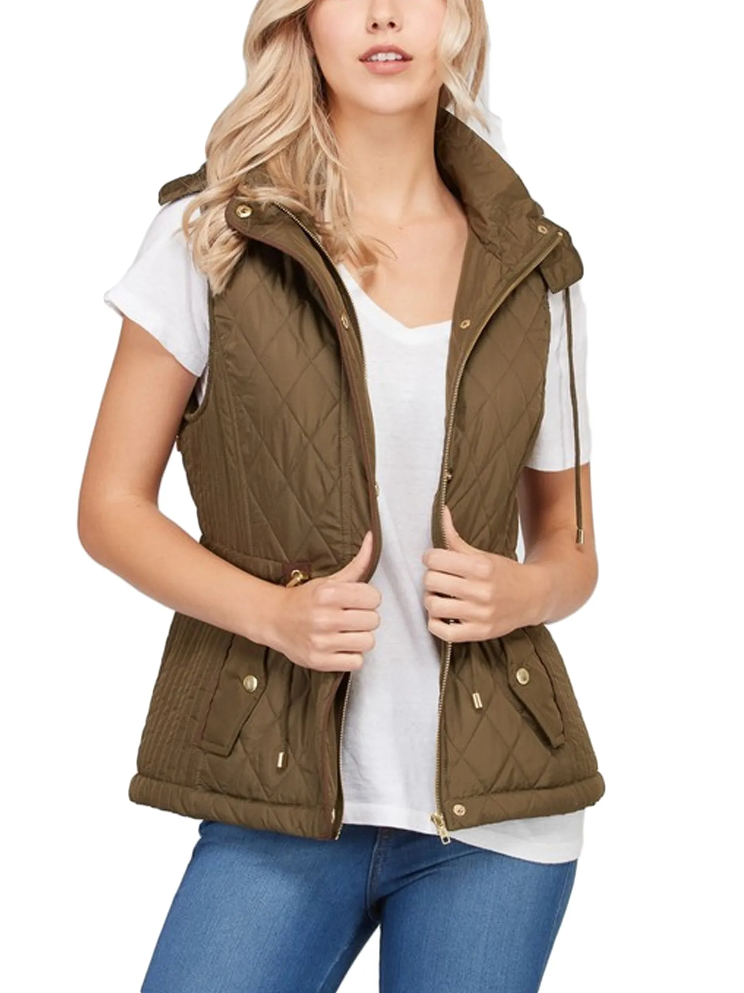 Womens Fur Lined Lightweight Zip Up Quilted Vest with Detachable Hood