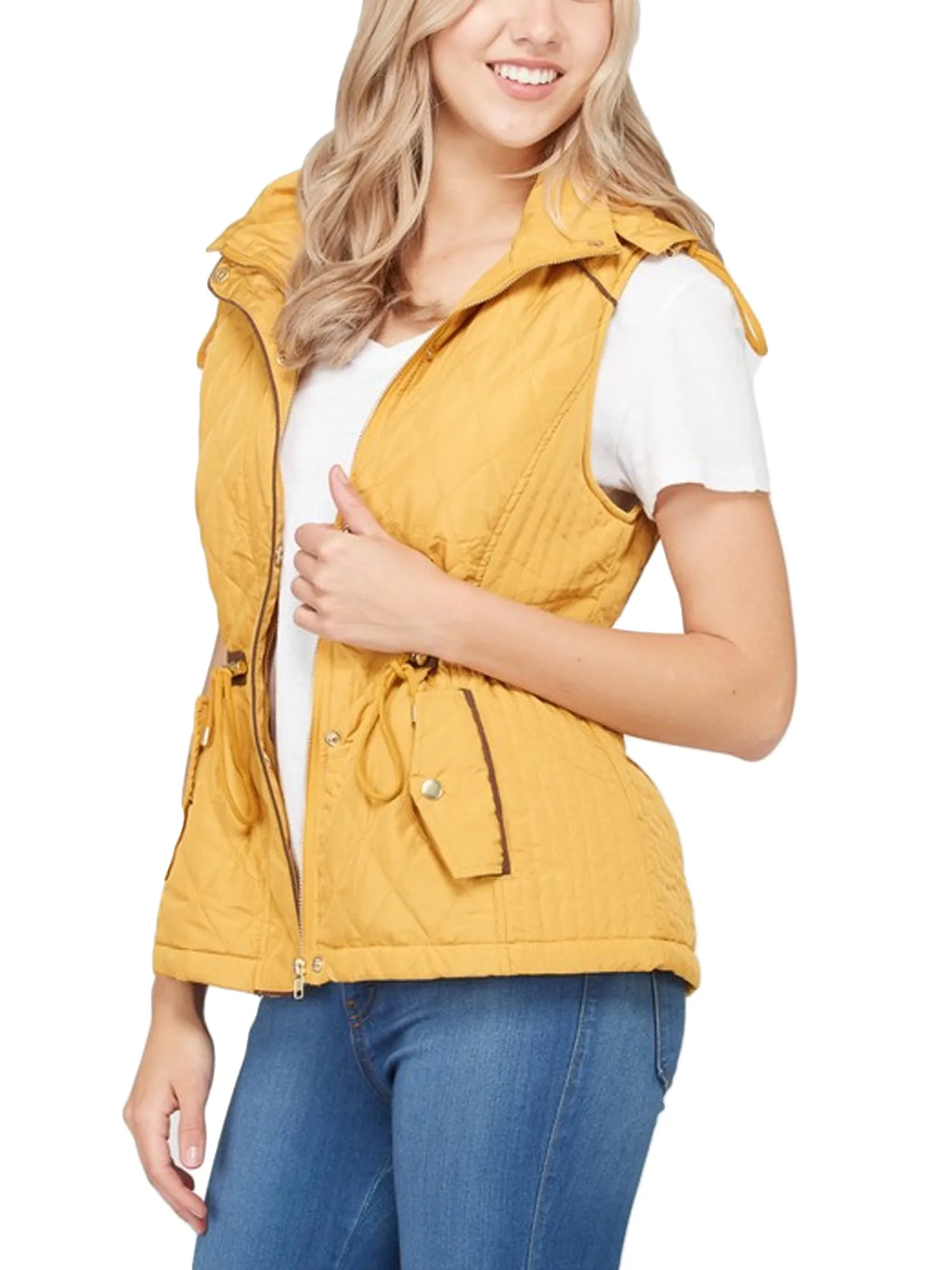 Womens Fur Lined Lightweight Zip Up Quilted Vest with Detachable Hood