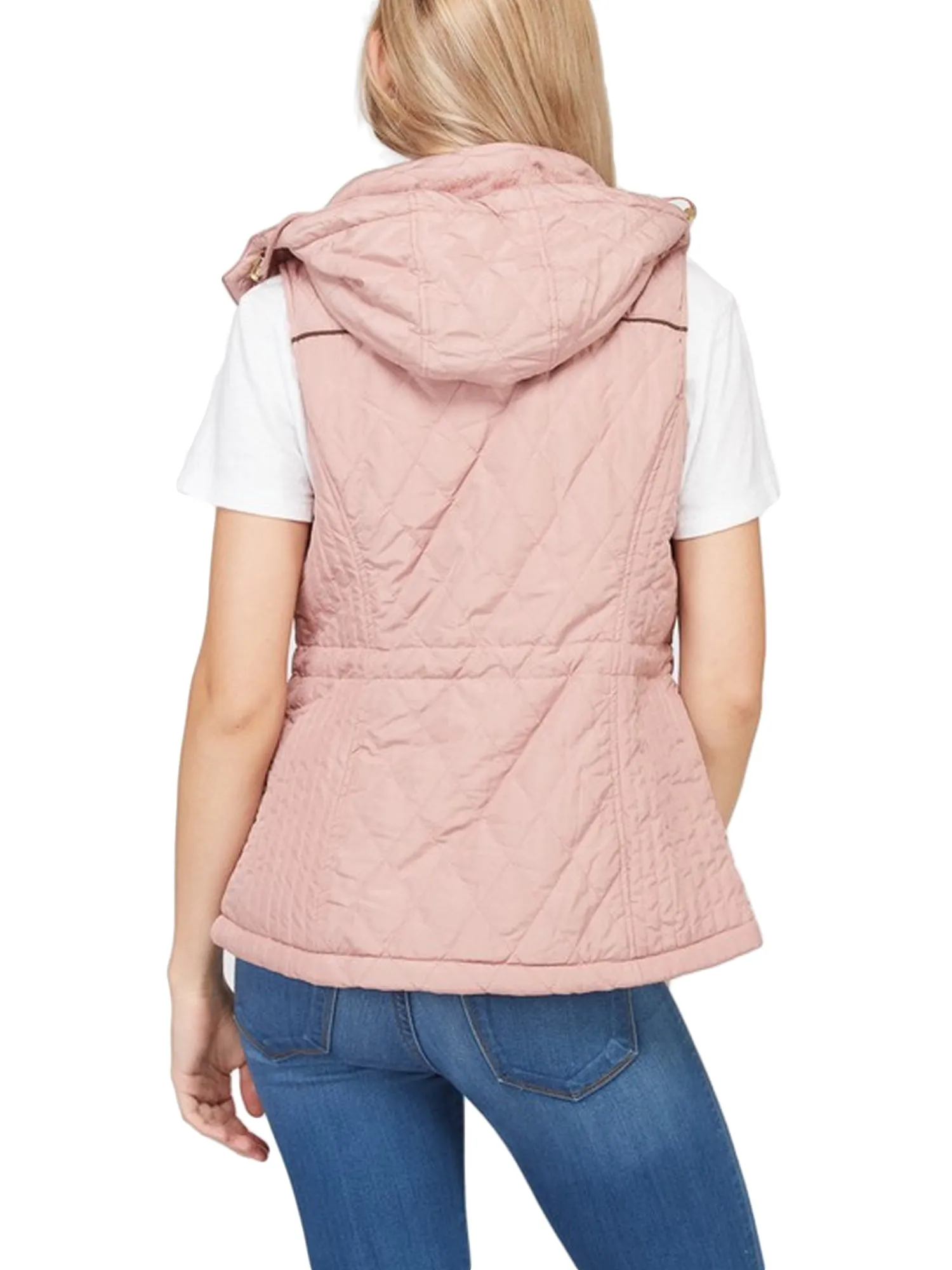 Womens Fur Lined Lightweight Zip Up Quilted Vest with Detachable Hood