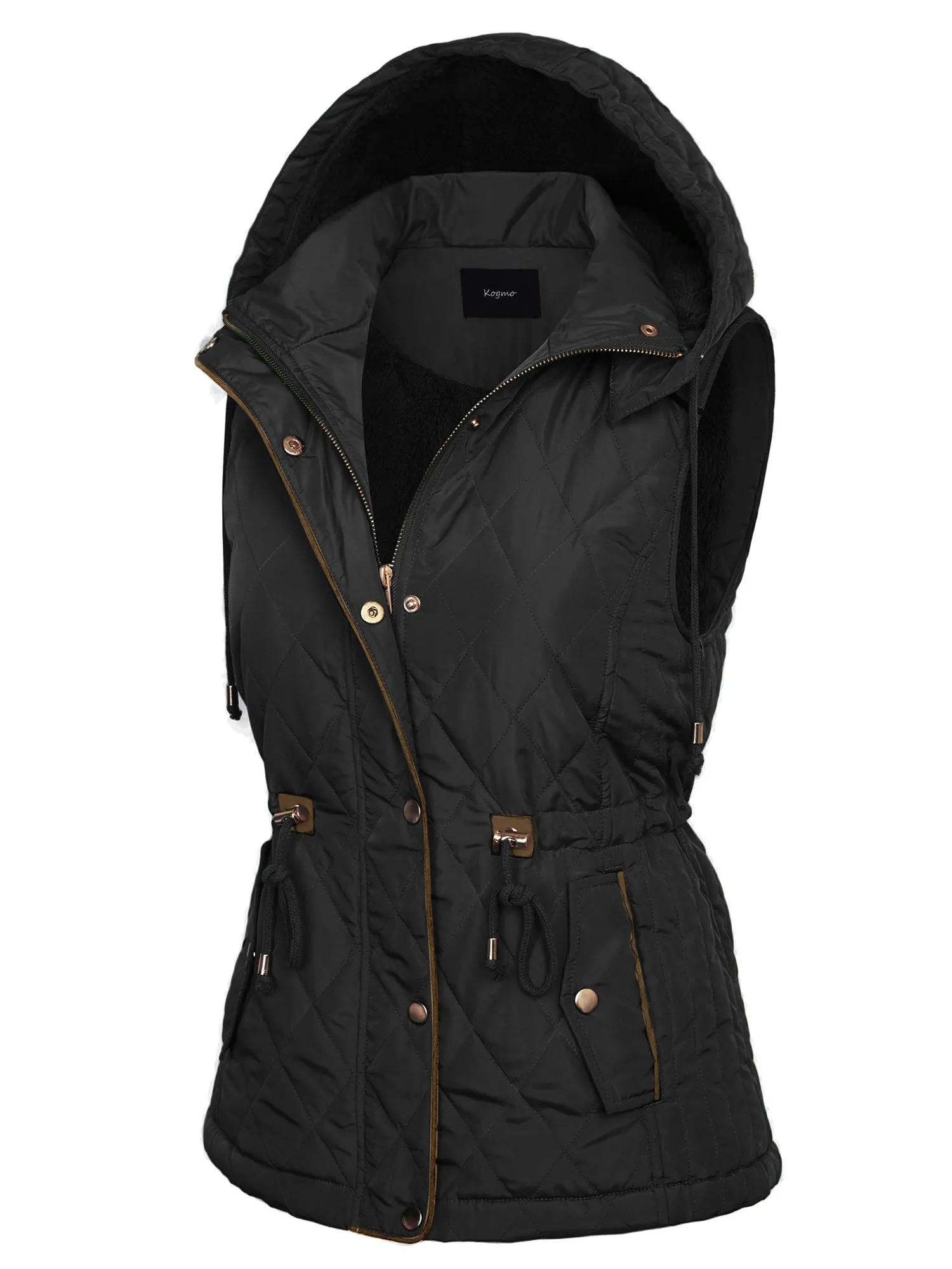 Womens Fur Lined Lightweight Zip Up Quilted Vest with Detachable Hood