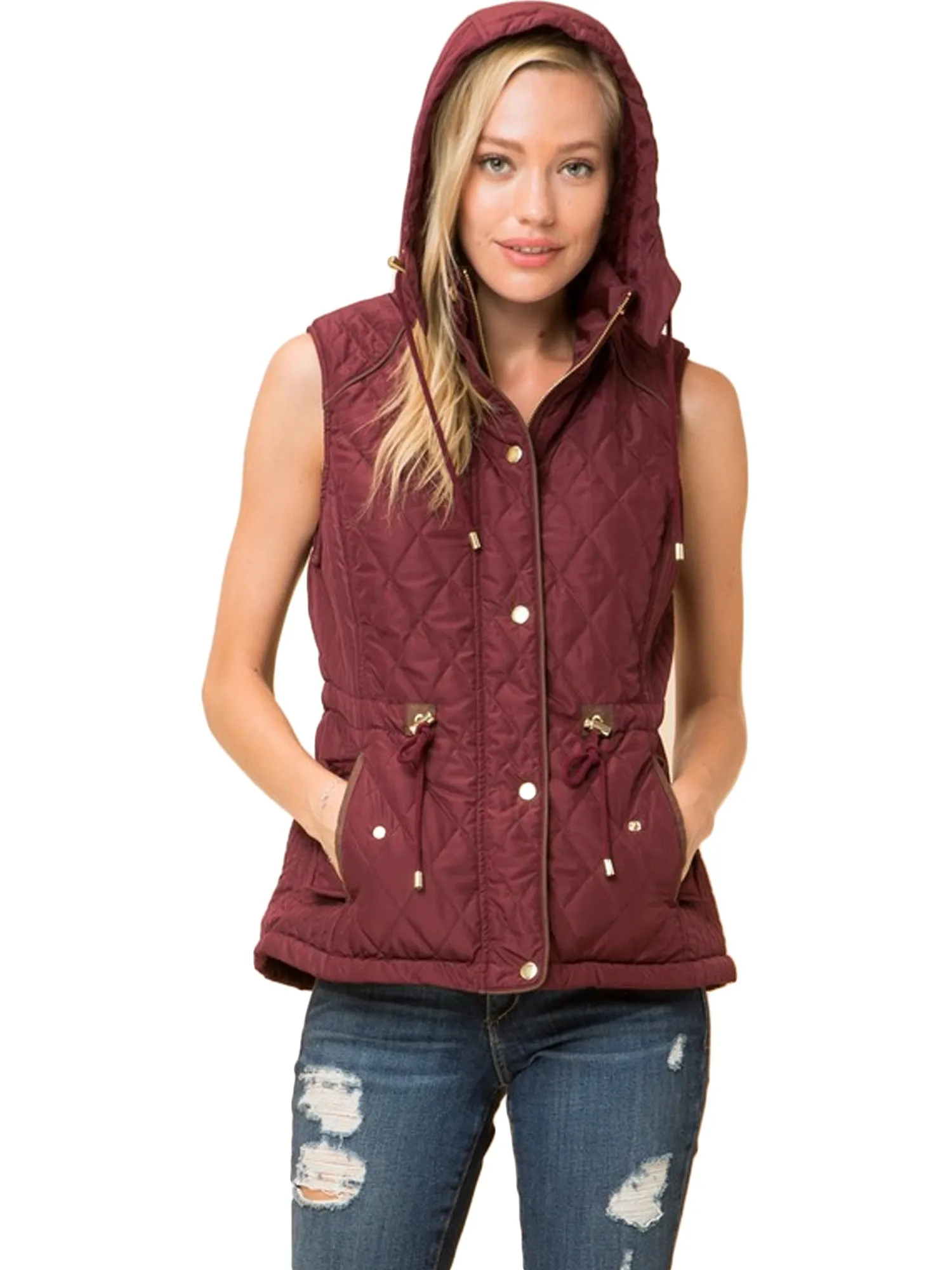 Womens Fur Lined Lightweight Zip Up Quilted Vest with Detachable Hood