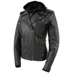 Xelement XS2516 Women's Black ‘Madame’ Hooded and Vented Motorcycle Biker  Leather Jacket