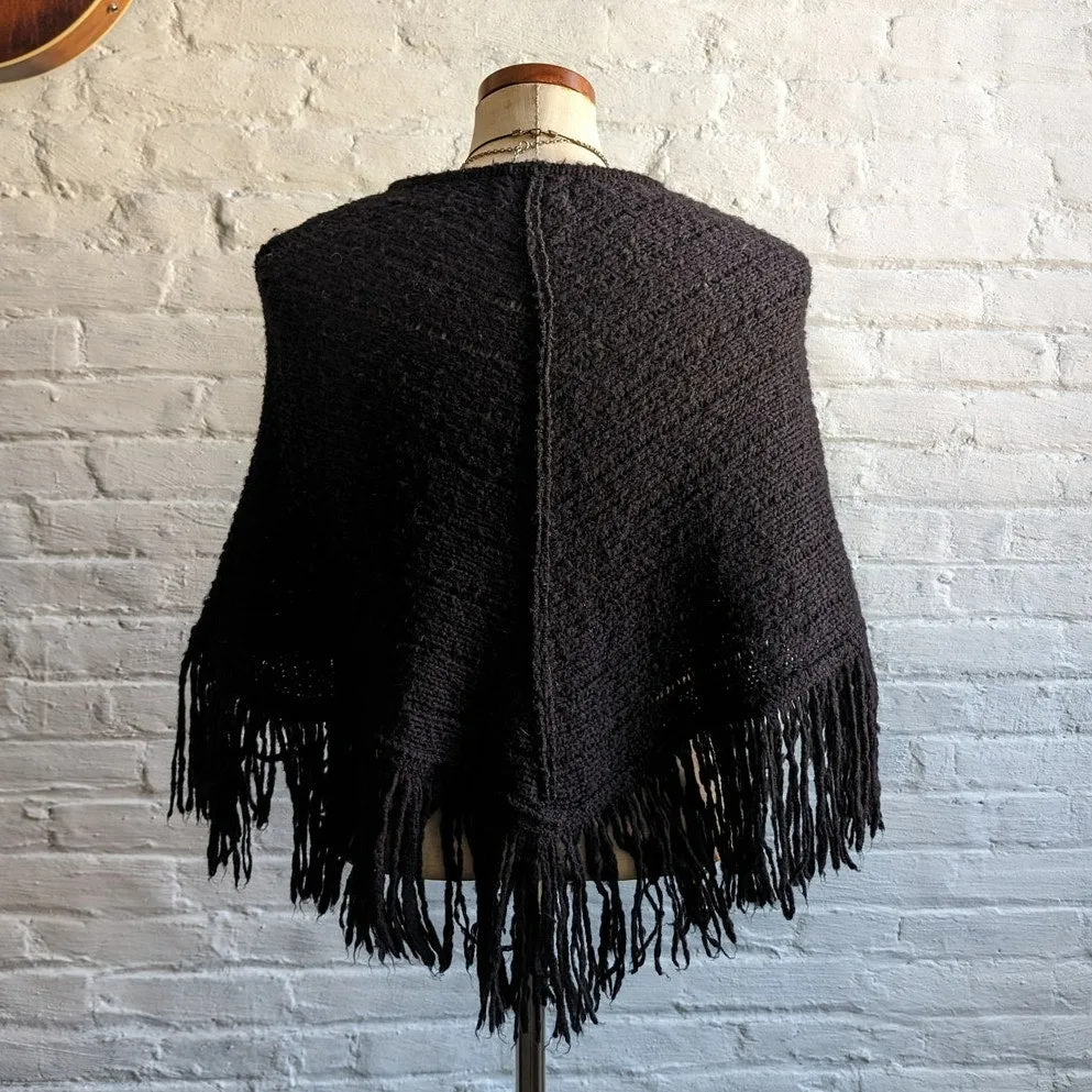 Y2K Vintage Black Knit Fringe Poncho Goth Western Dark Grunge Festival Sweater