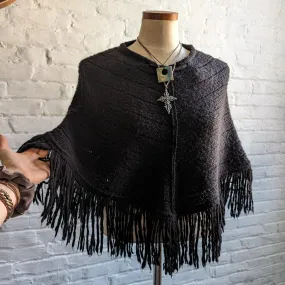 Y2K Vintage Black Knit Fringe Poncho Goth Western Dark Grunge Festival Sweater