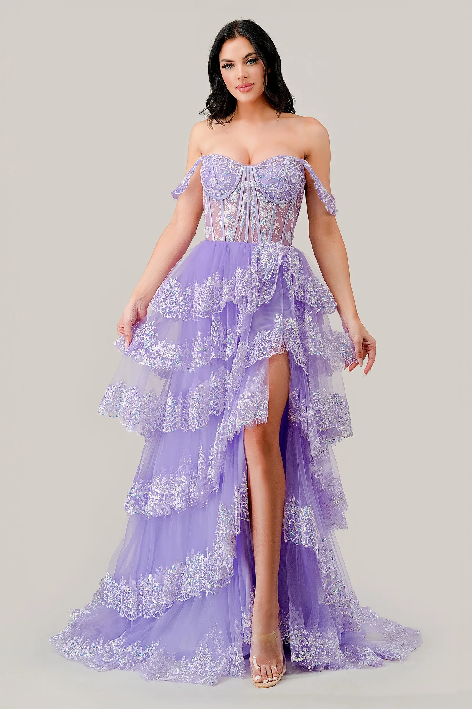 YALA Scalloped Lace Off Shoulder Glitter Corset Prom & Formal Dress